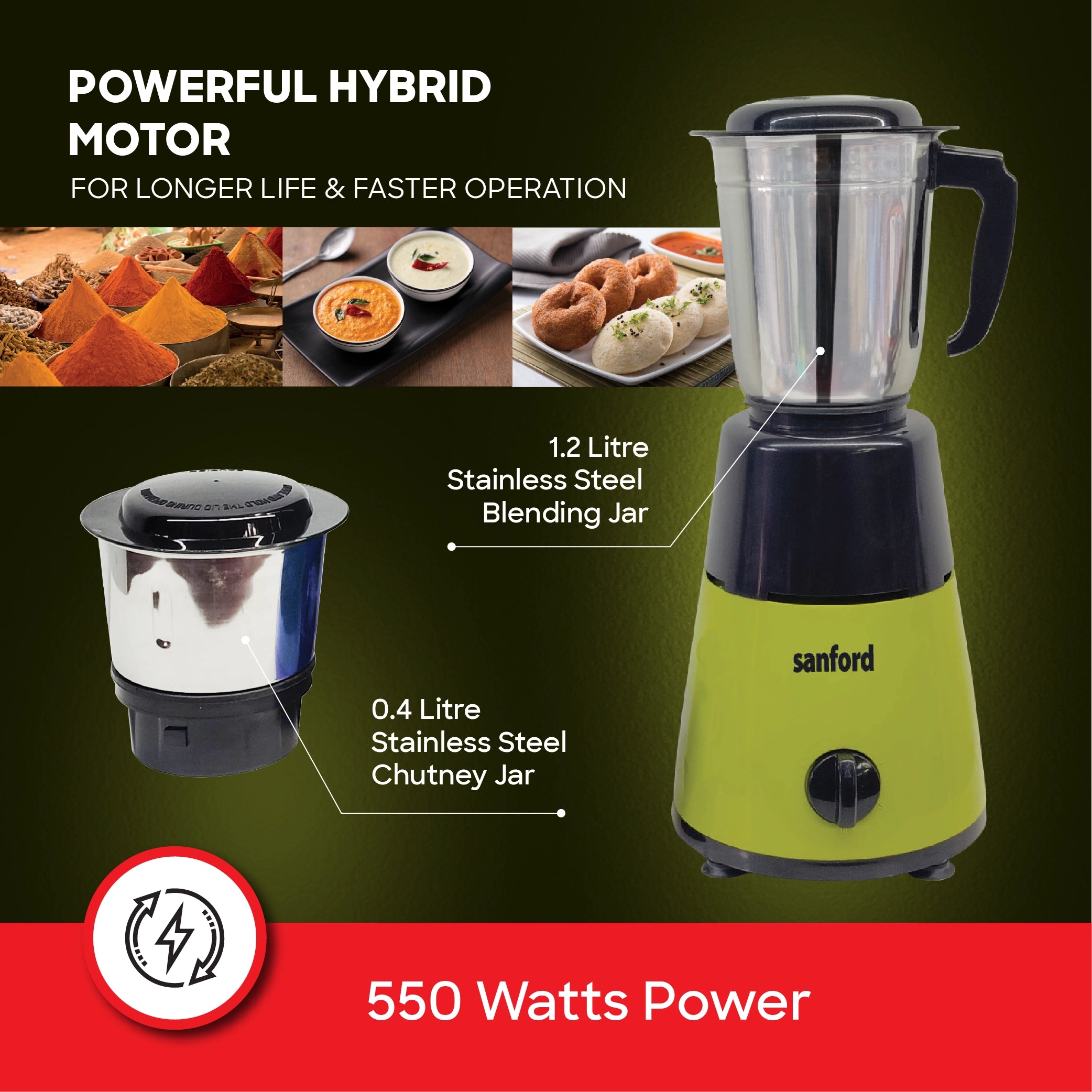 Sanford 2-in-1 Mixer Grinder 550W with Stainless Steel Jars and Copper Motor - SF5905GM Sanford KSA
