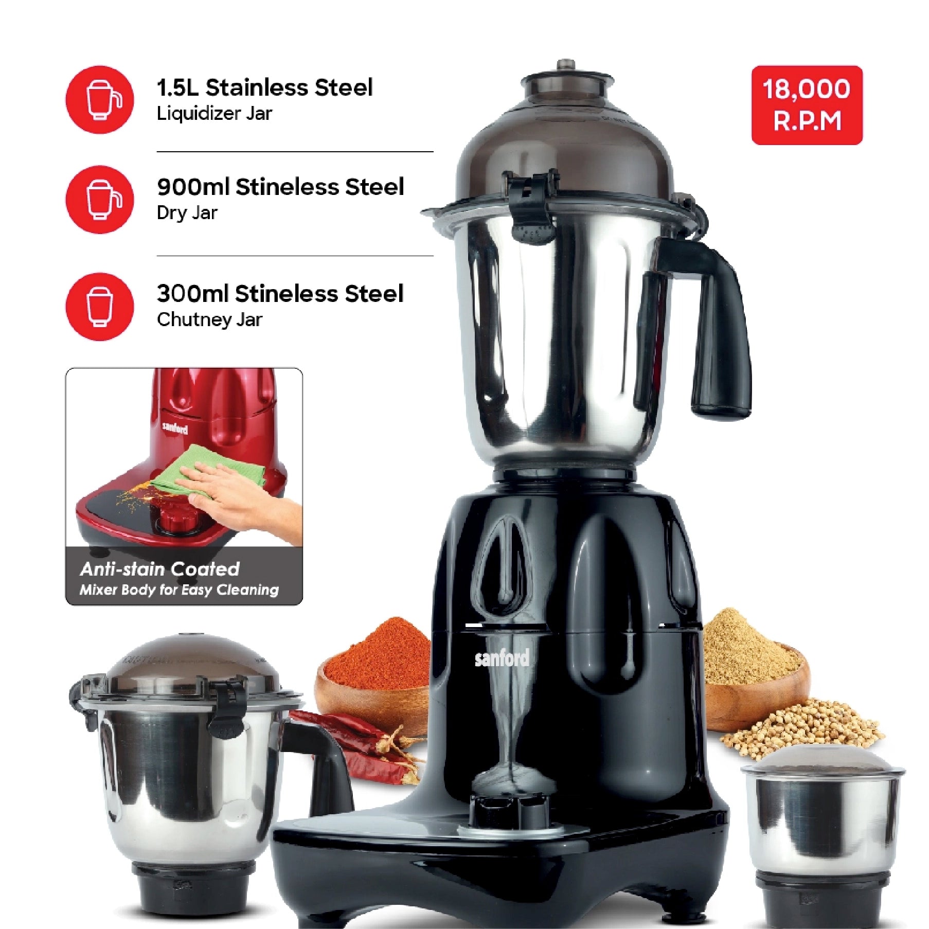 Sanford Mixer Grinder 3 in 1 1200W with 3 Jars - SF5911GM Sanford KSA