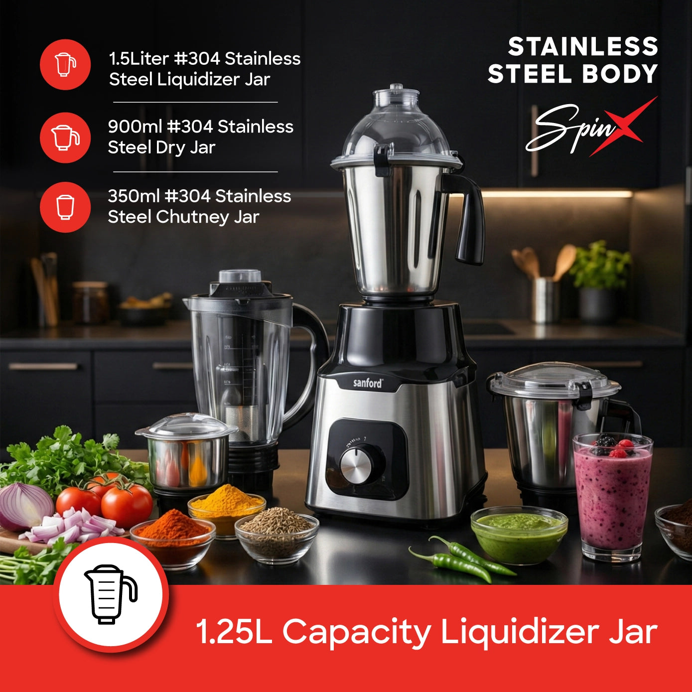 Sanford Mixer Grinder 5in1 1200W Stainless Steel Body - SF5913GM Sanford KSA