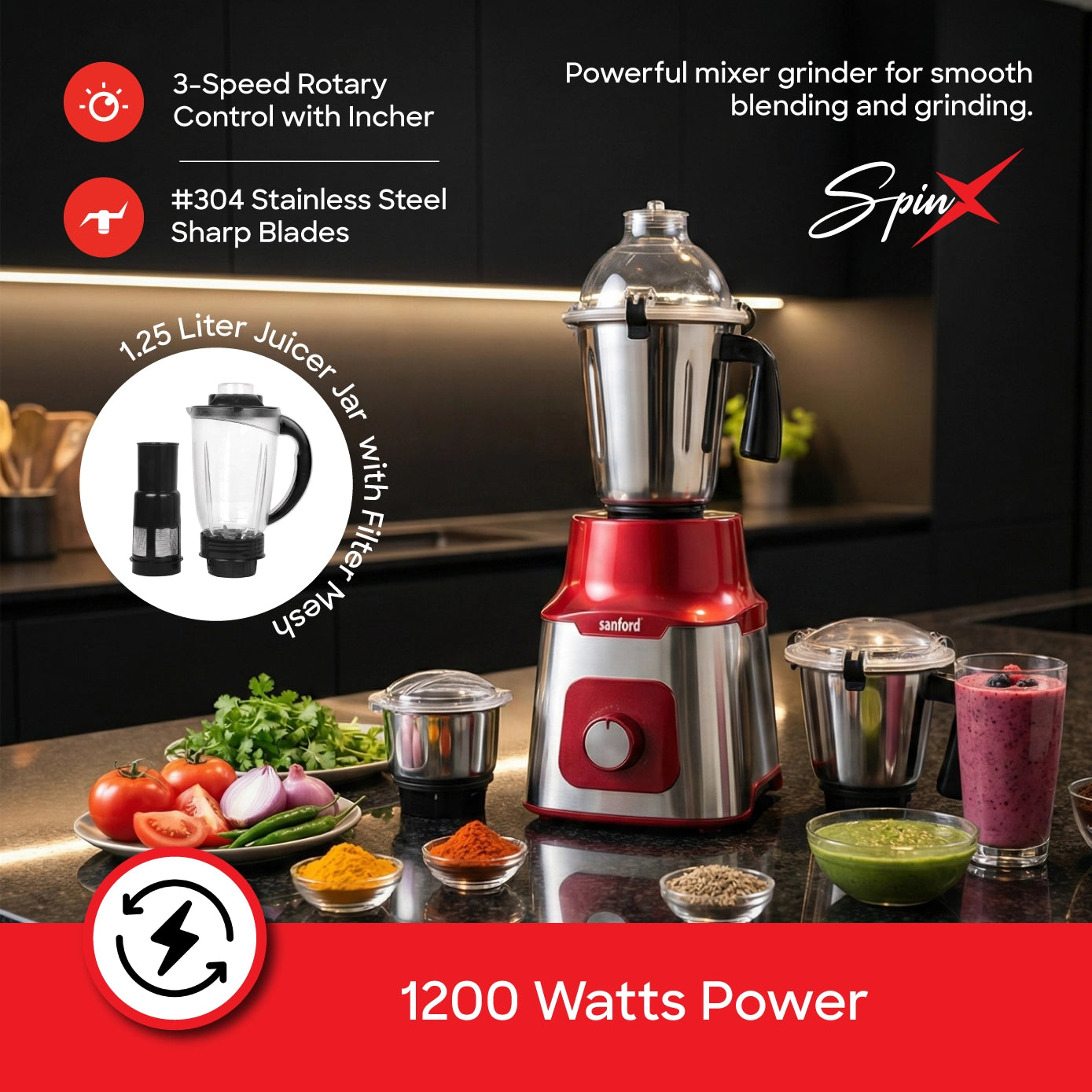 Sanford Mixer Grinder 5in1 1200W Stainless Steel Body - SF5913GM Sanford KSA