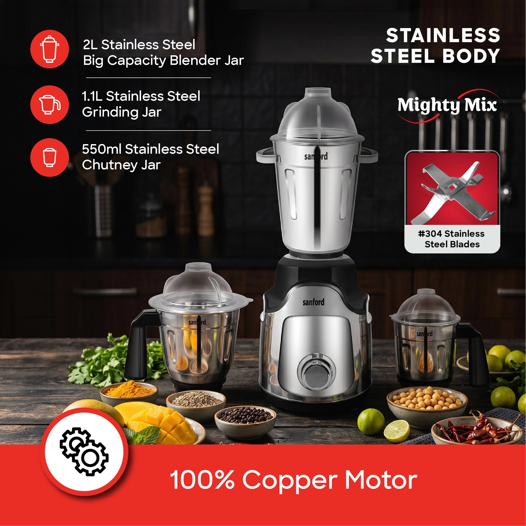 Sanford Mixer Grinder 3in1 1800W with 3 Stainless Steel Jars - SF5915GM Sanford KSA