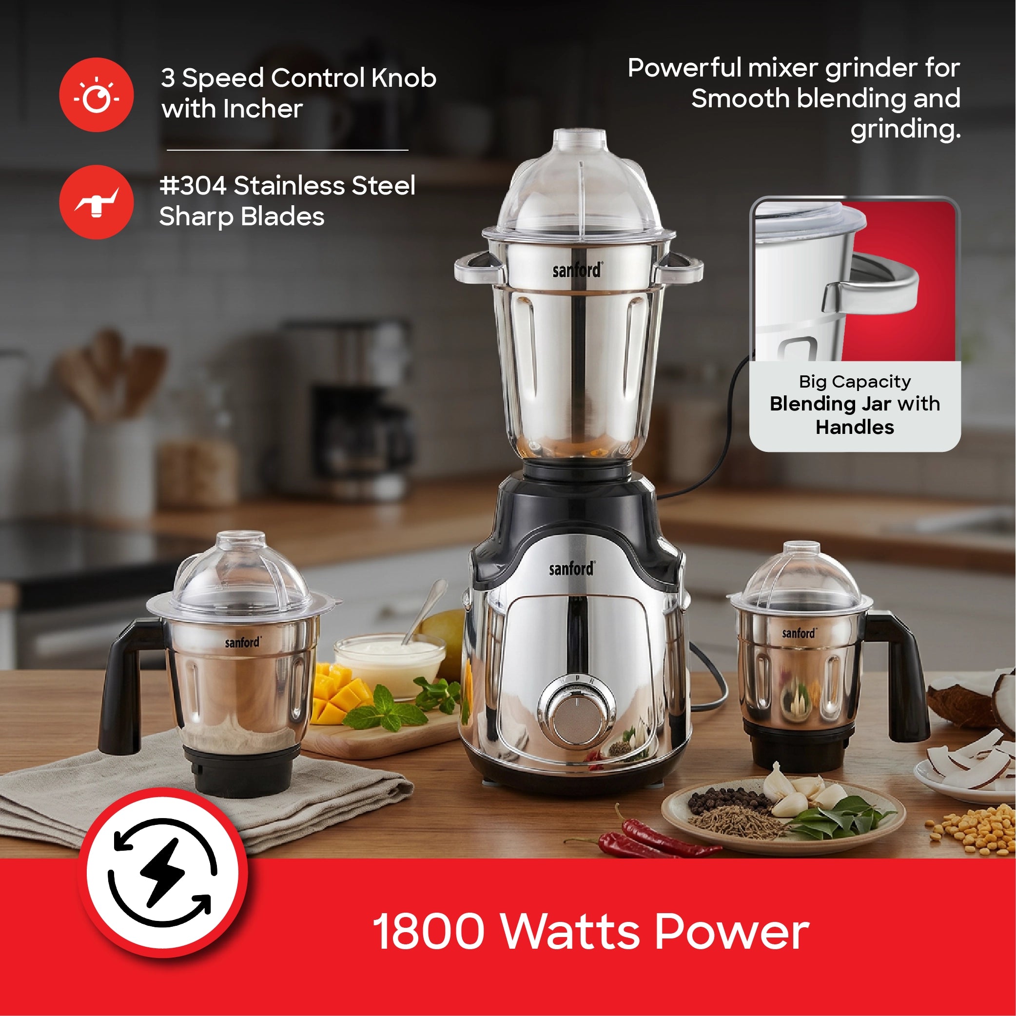Sanford Mixer Grinder 3in1 1800W with 3 Stainless Steel Jars - SF5915GM Sanford KSA
