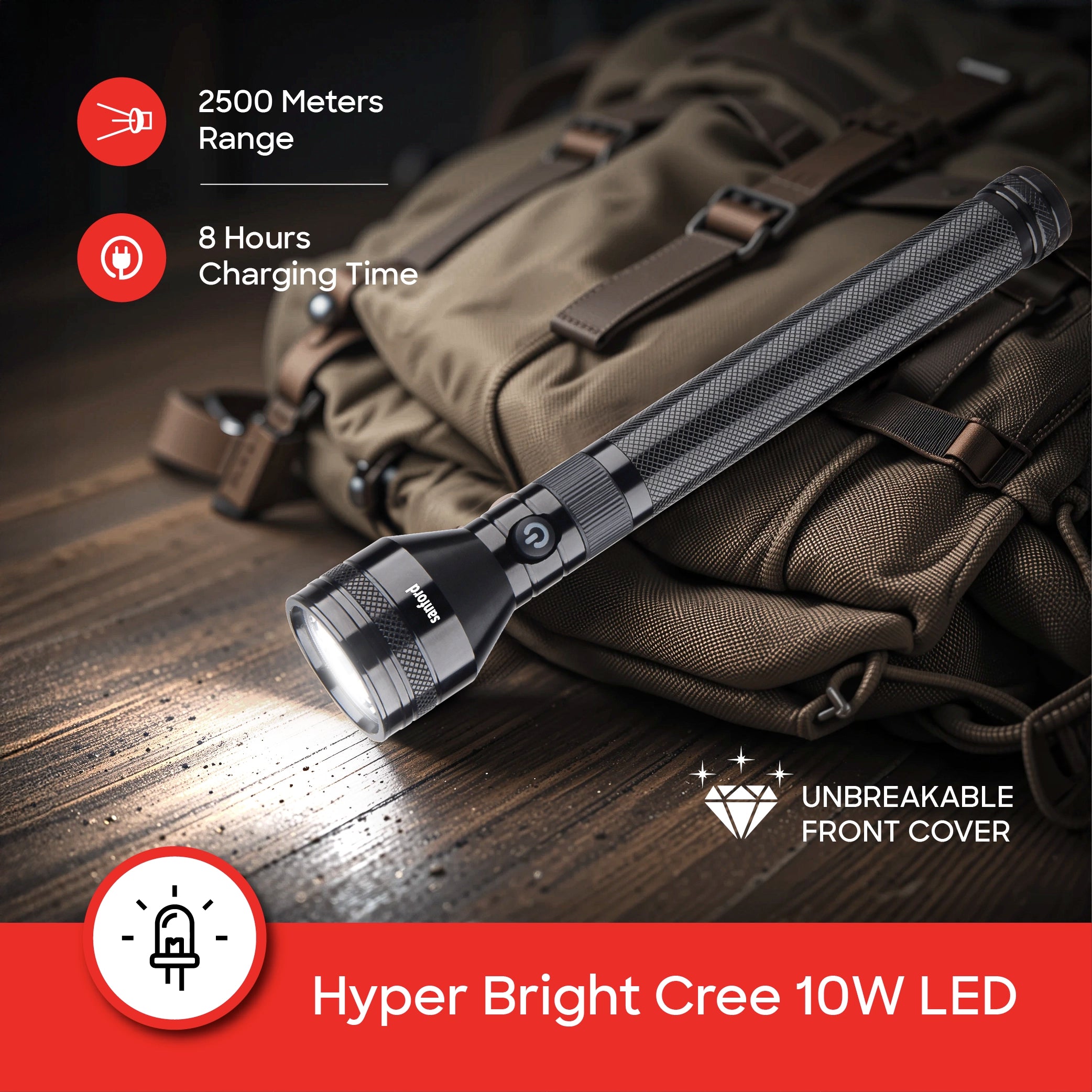 Sanford LED Flashlight Torch 10W Rechargeable Force Series 2500m Range High Power CREE Beam - SF6179SL Sanford KSA