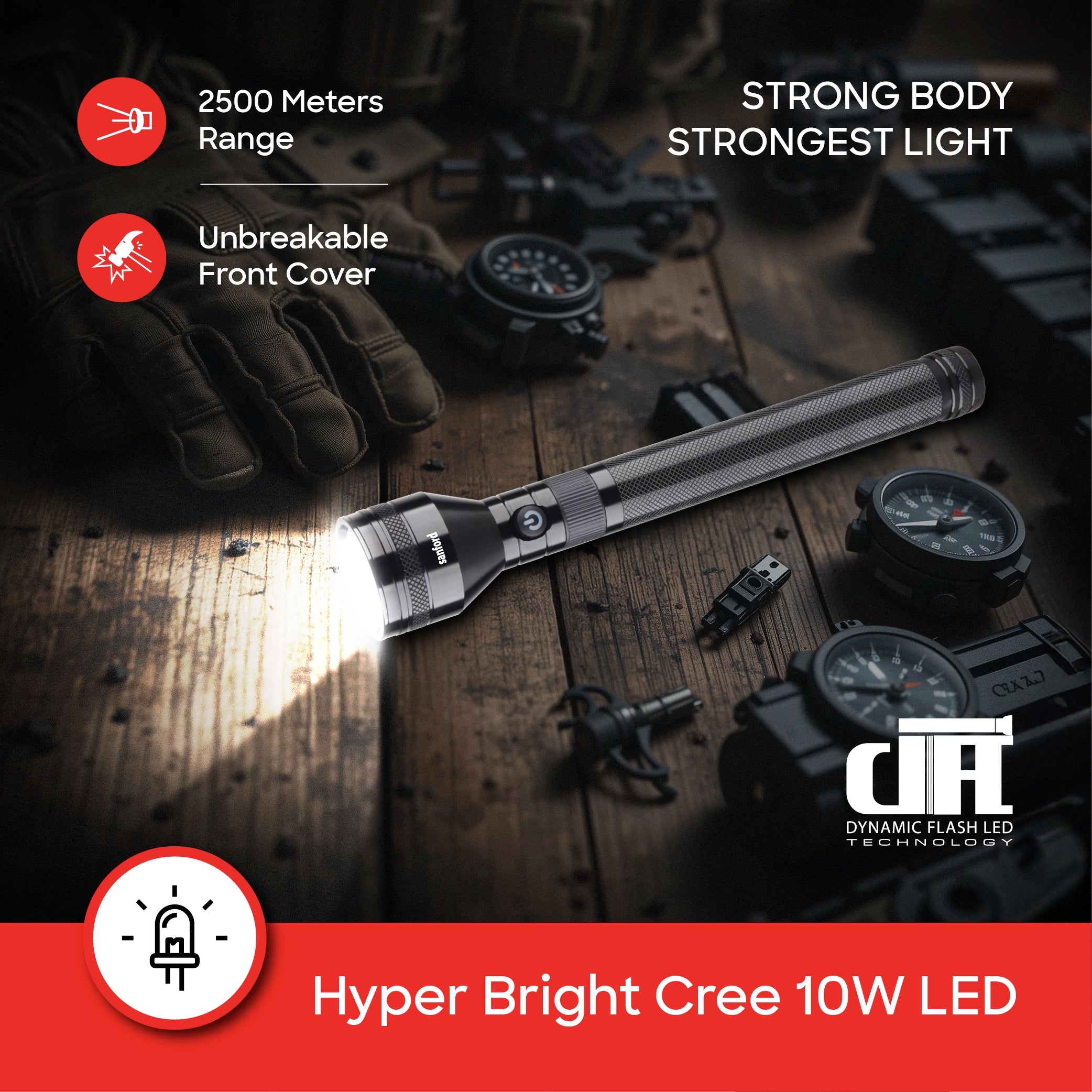 Sanford 2-in-1 Rechargeable LED Flashlight Torch Combo 10W 2500m Long Range - SF6180SLC Sanford KSA