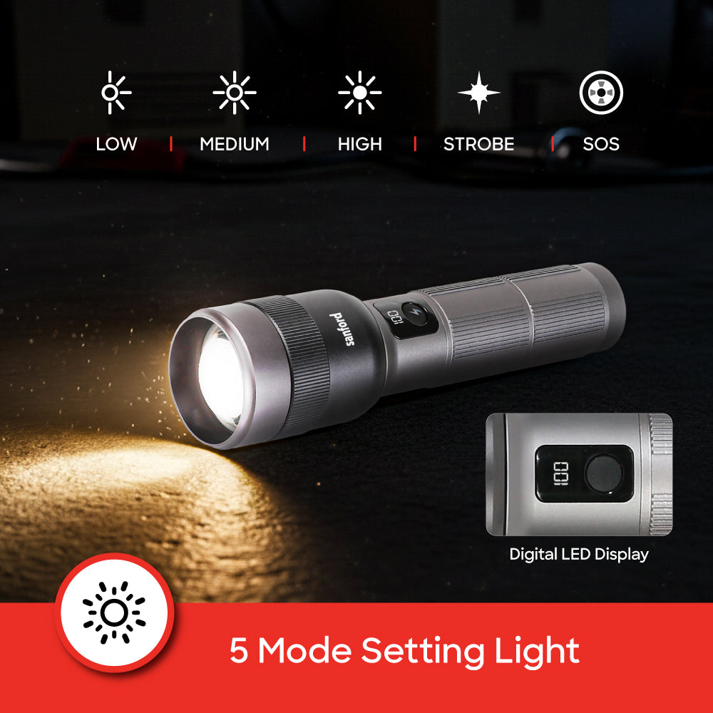 Sanford SF6194SL flashlight charging port and controls