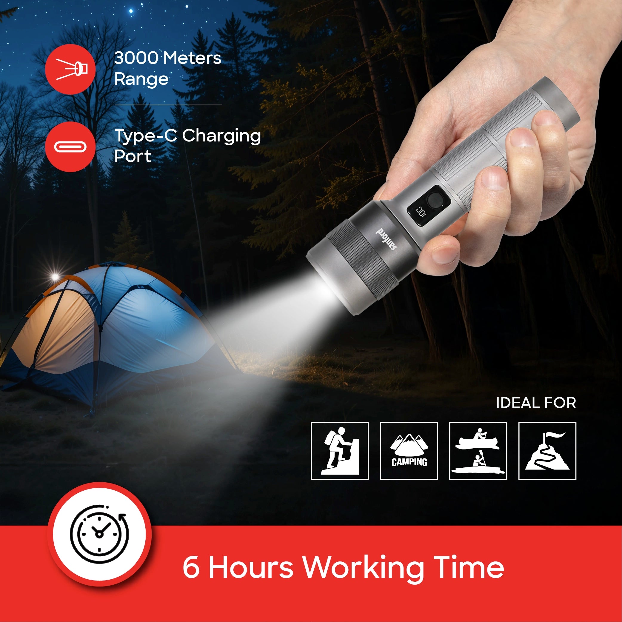 Sanford Rechargeable Flashlight Torch Zoom 5-Mode Laser LED 50W 5000 Lumens Digital Display - SF6194SL Sanford KSA