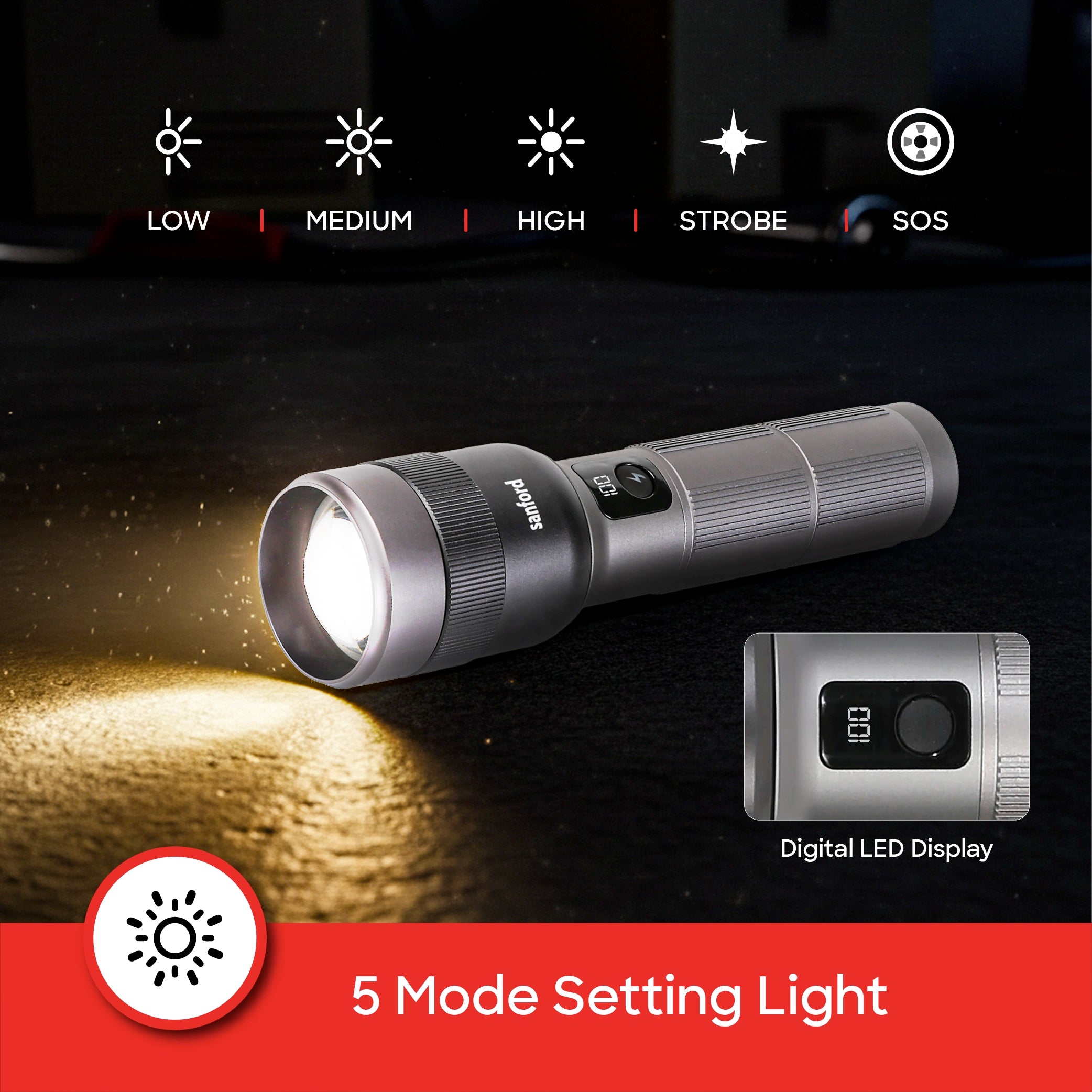 Sanford Rechargeable Flashlight Torch Zoom 5-Mode Laser LED 70W 7000 Lumens Digital Display - SF6217SL Sanford KSA