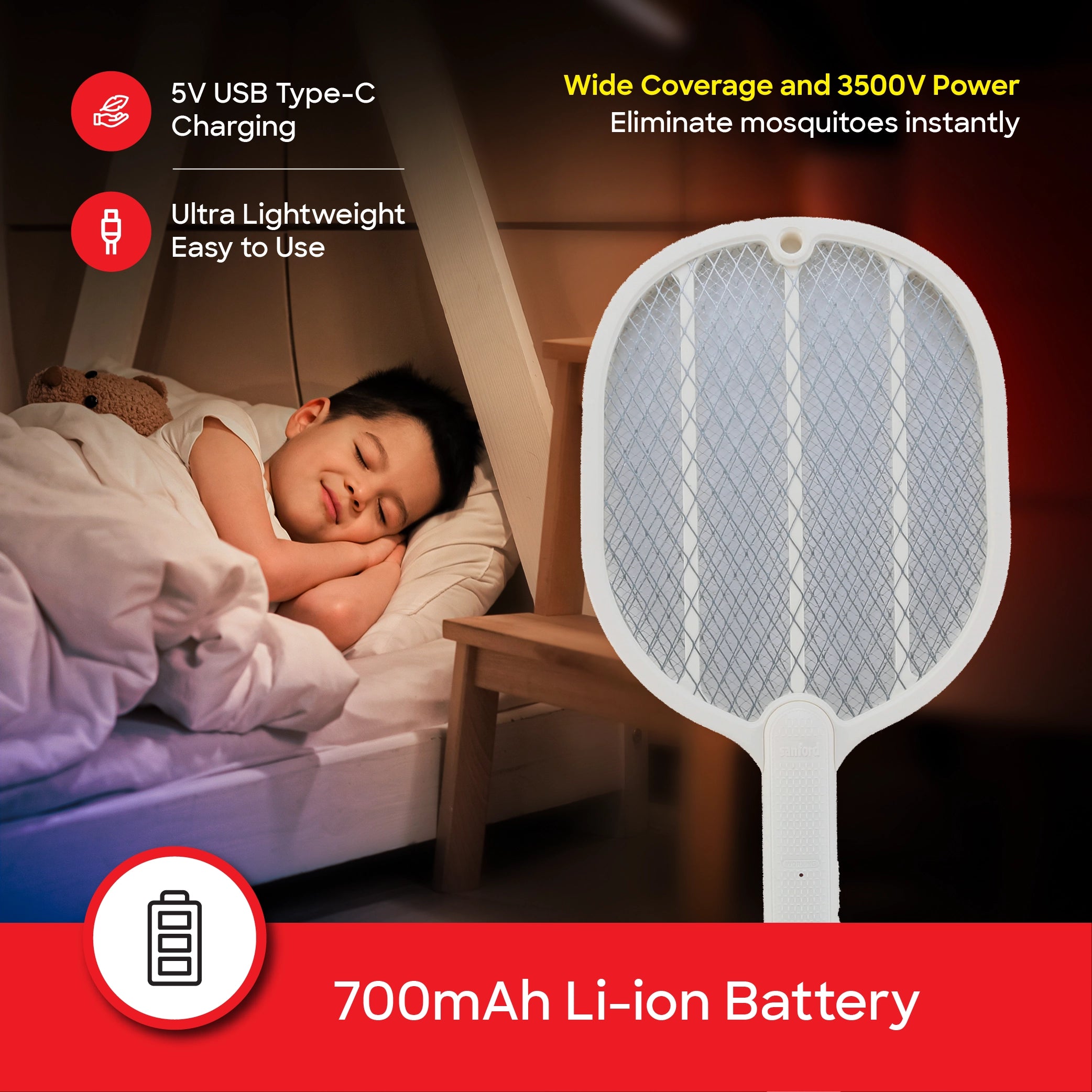 Sanford Mosquito Bat Rechargeable 3500V with USB Type-C Charging Electric Bug Zapper - SF639MK-A Sanford KSA