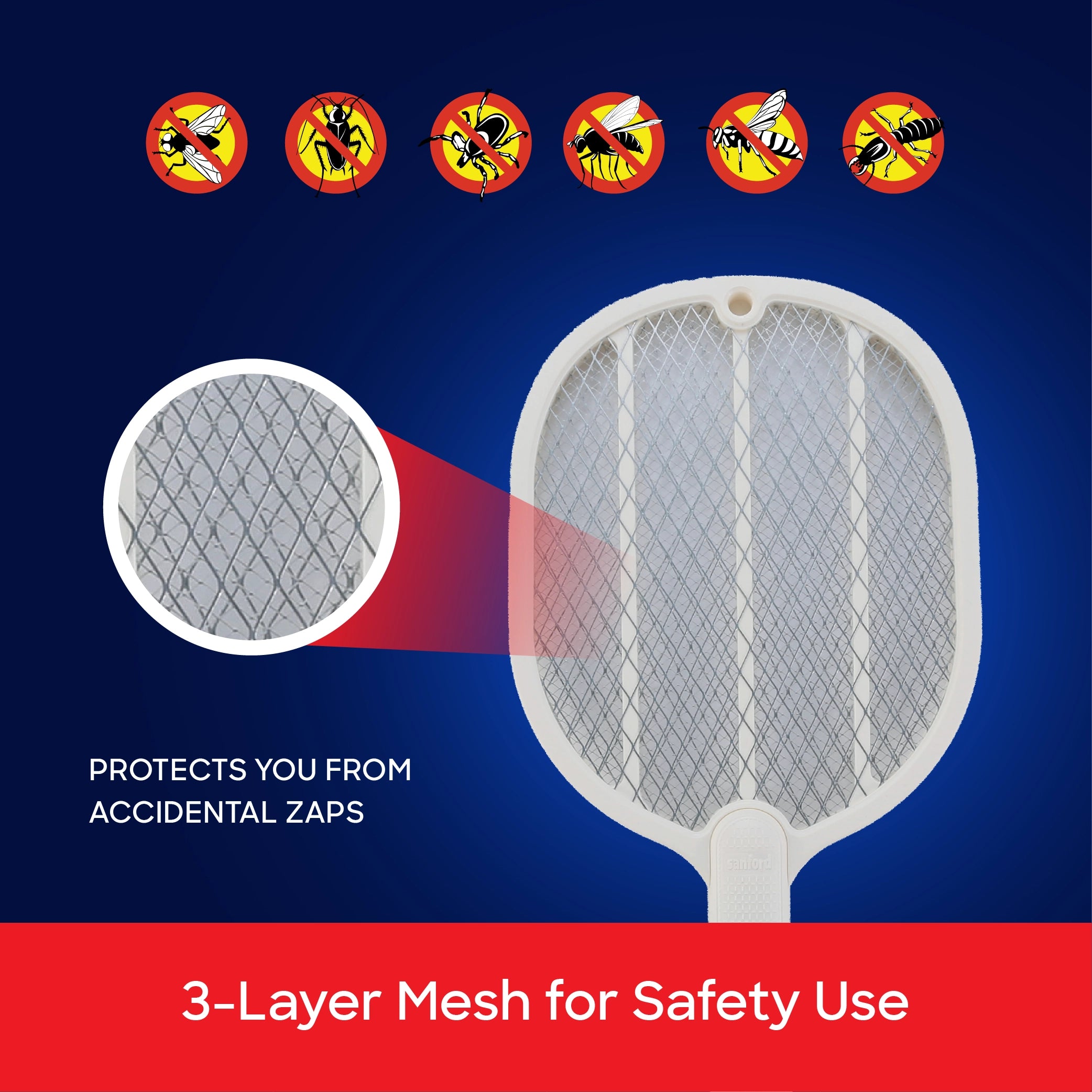 Sanford Mosquito Bat Rechargeable 3500V with USB Type-C Charging Electric Bug Zapper - SF639MK-A Sanford KSA