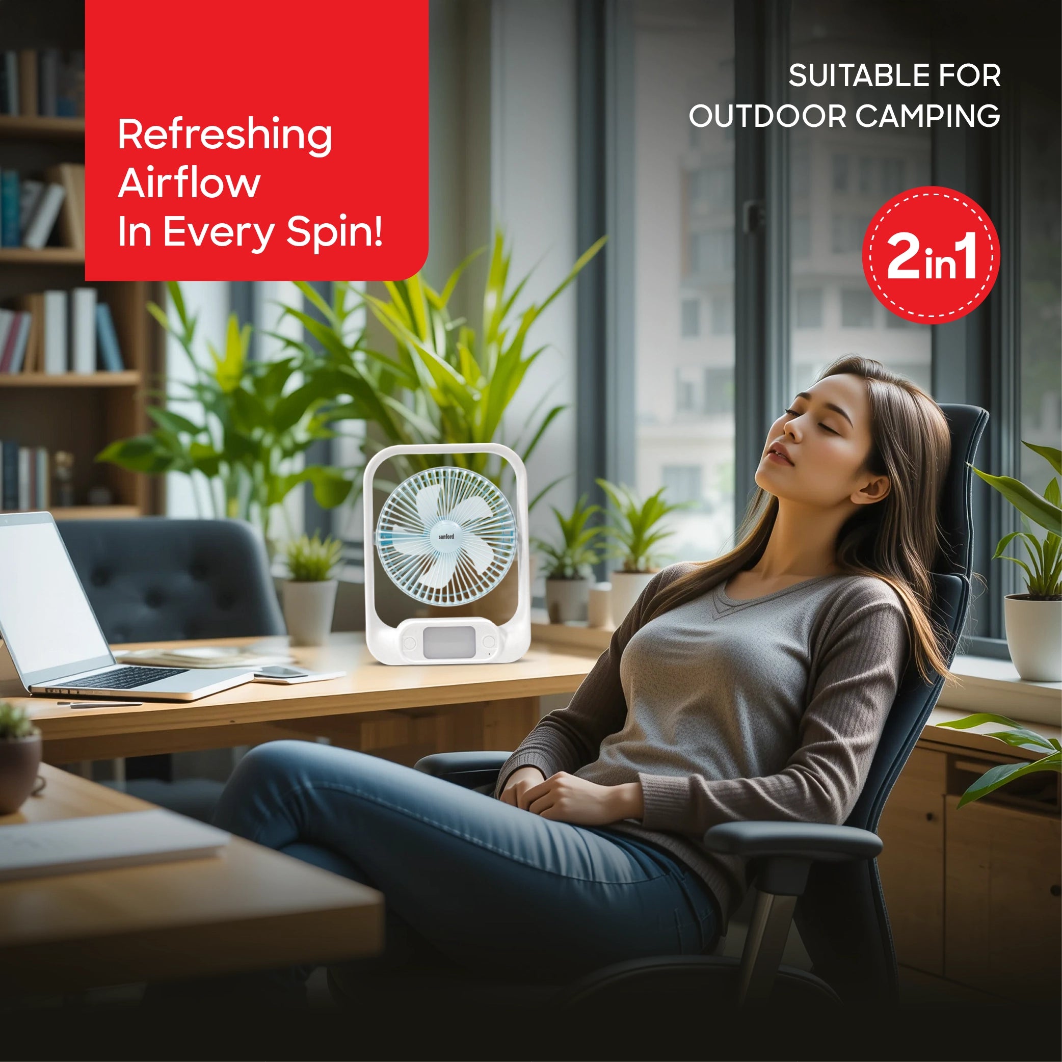 Sanford Table Fan 7-Inch Rechargeable 3600mAh 2-in-1 with LED Light and Tilt Head - SF6652RTF Sanford KSA