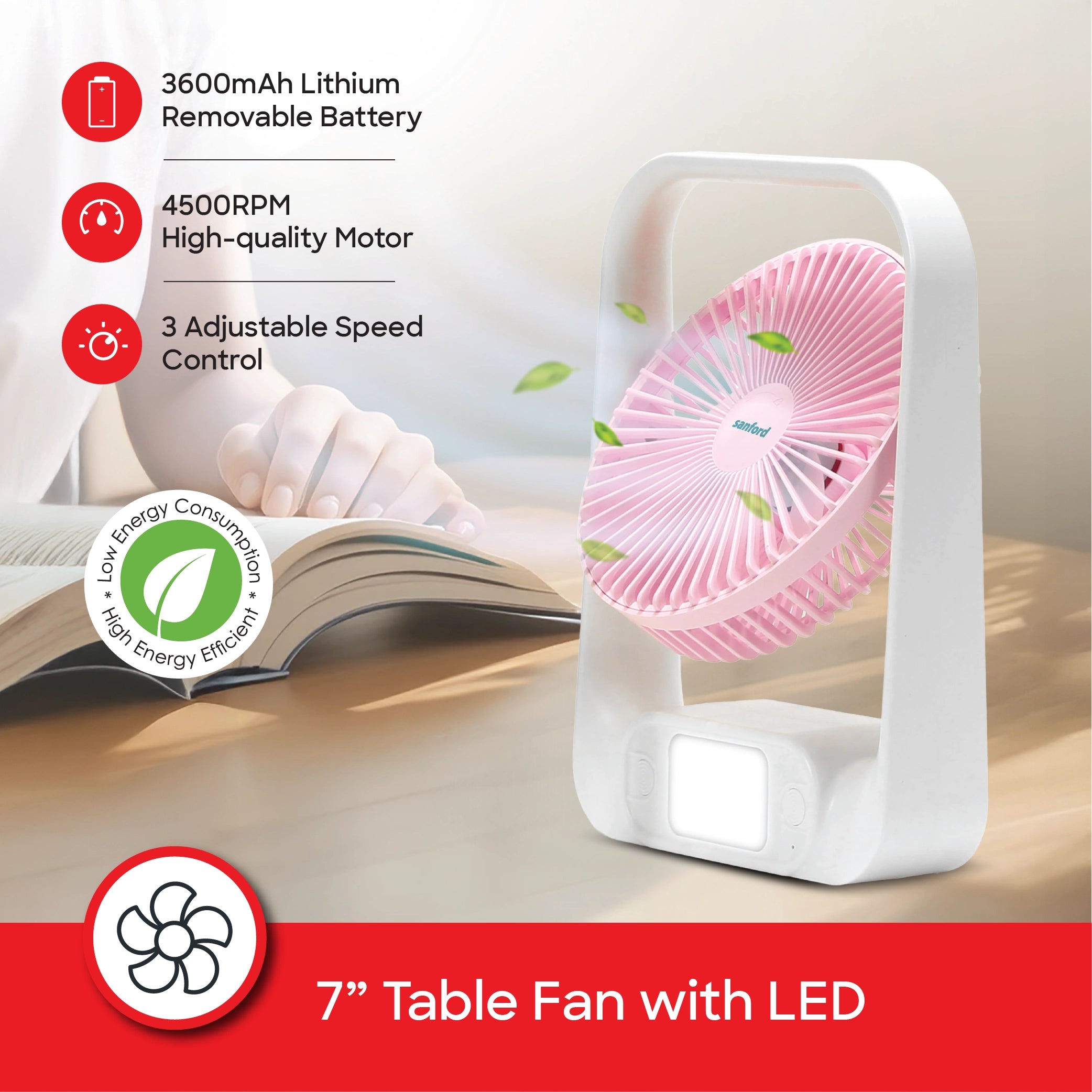 Sanford Table Fan 7-Inch Rechargeable 3600mAh 2-in-1 with LED Light and Tilt Head - SF6652RTF Sanford KSA