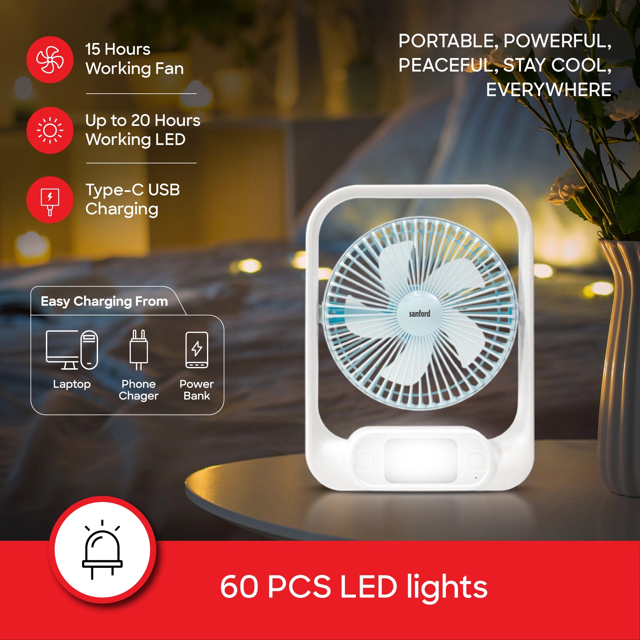 Sanford Table Fan 7-Inch Rechargeable 3600mAh 2-in-1 with LED Light and Tilt Head - SF6652RTF Sanford KSA