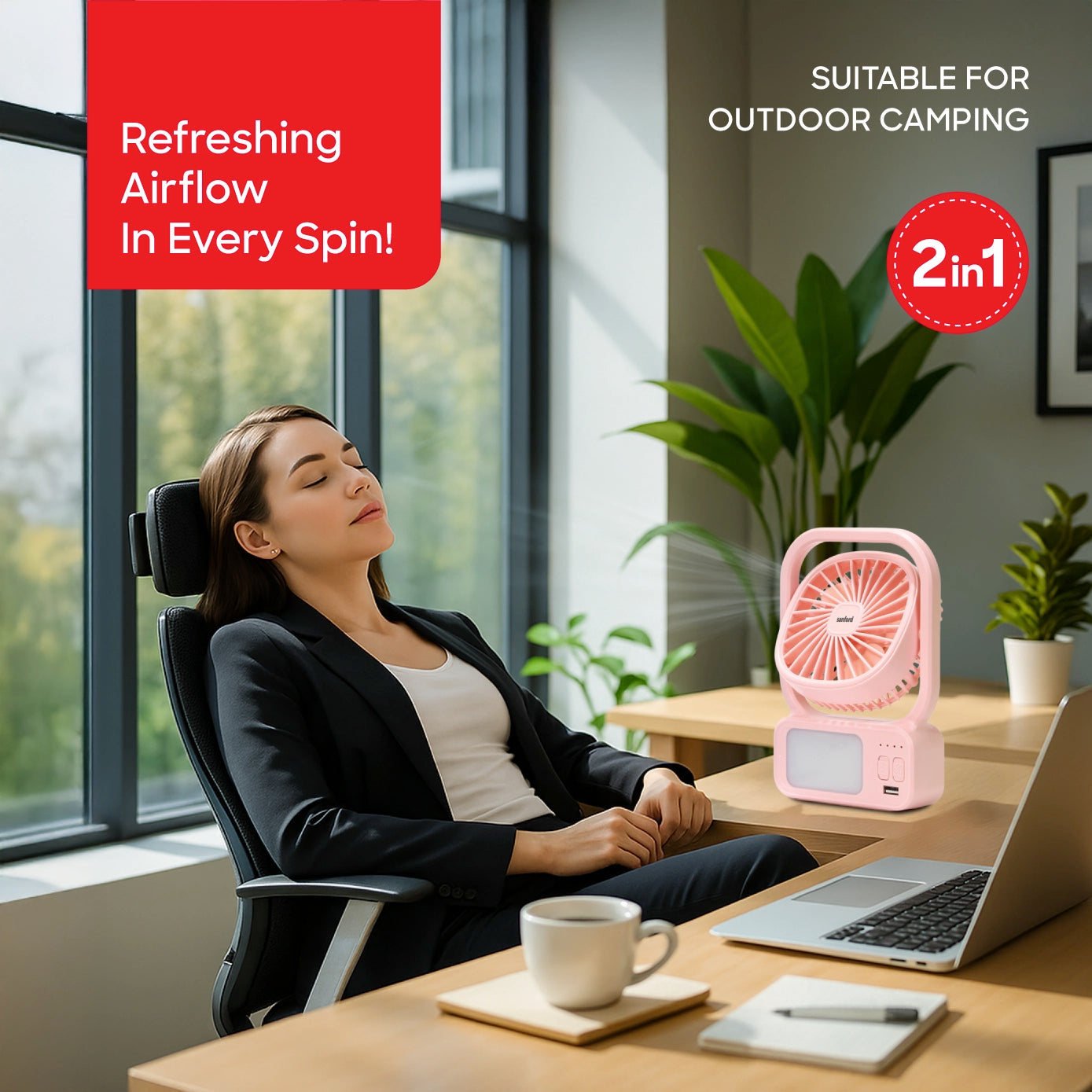 Sanford Table Fan 4-Inch Rechargeable 3600mAh with LED Light and Portable Design - SF6658RTF Sanford KSA