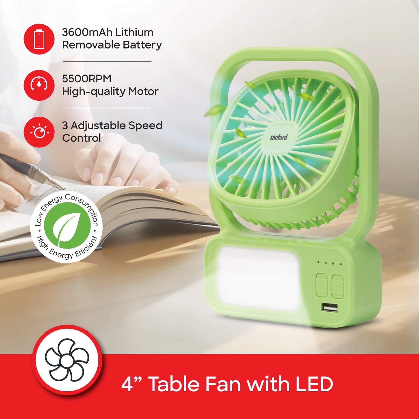 Sanford Table Fan 4-Inch Rechargeable 3600mAh with LED Light and Portable Design - SF6658RTF Sanford KSA