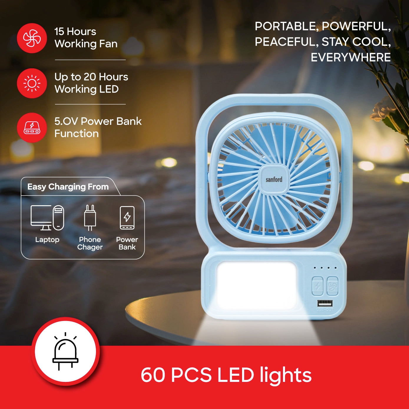 Sanford Table Fan 4-Inch Rechargeable 3600mAh with LED Light and Portable Design - SF6658RTF Sanford KSA