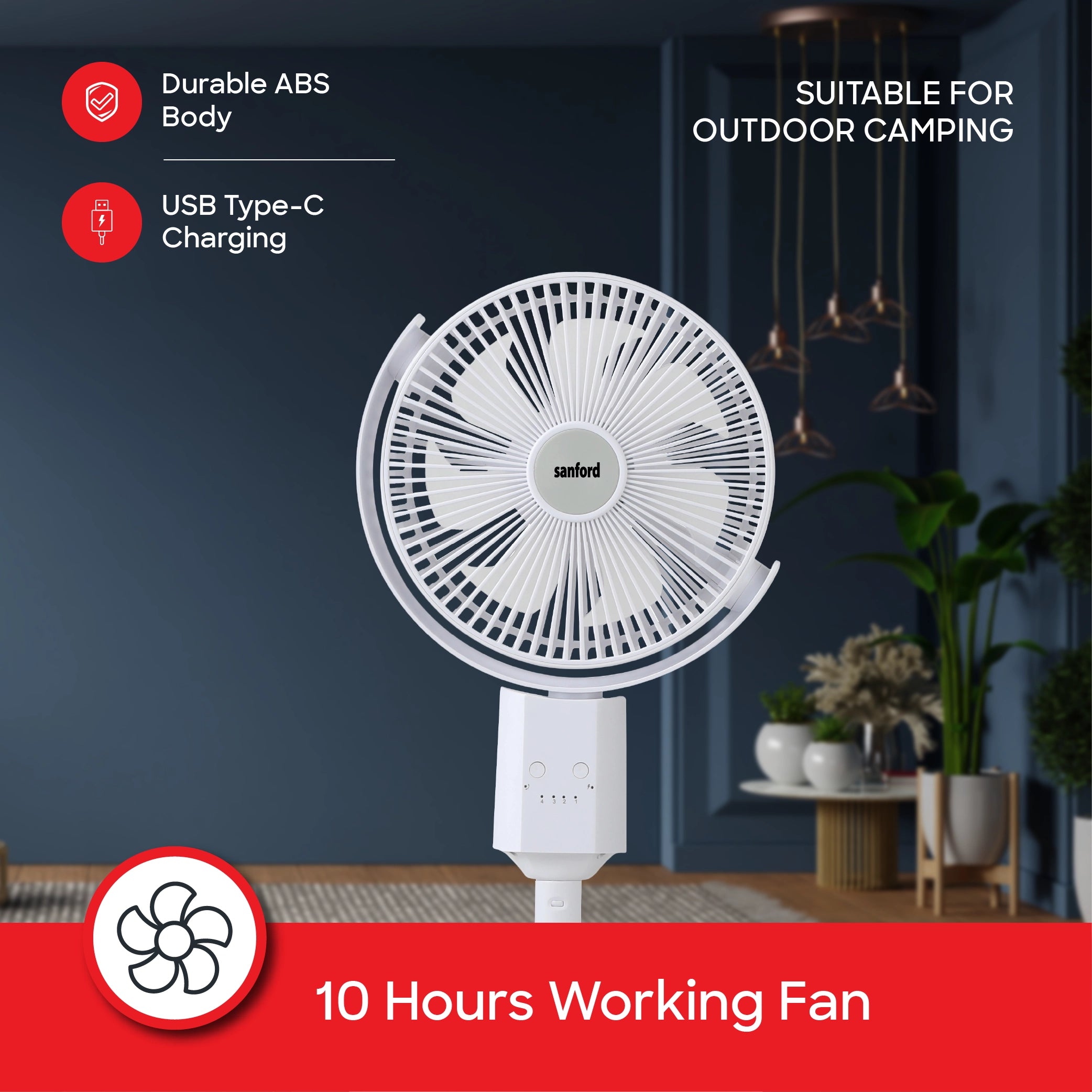 Sanford Stand Fan 10-Inch Rechargeable 4500mAh with 4-Speed Control and Oscillation - SF6659RSFN Sanford KSA