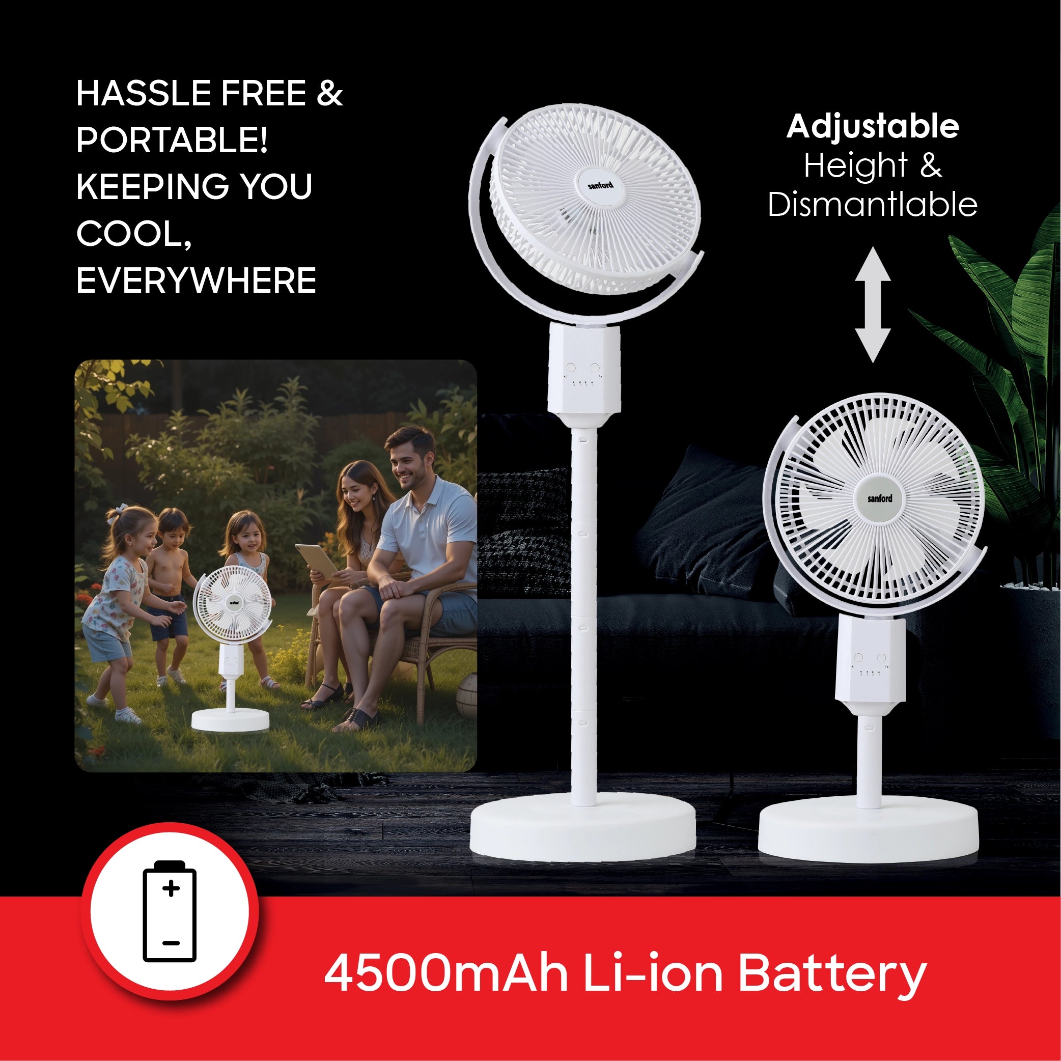 Sanford Stand Fan 10-Inch Rechargeable 4500mAh with 4-Speed Control and Oscillation - SF6659RSFN Sanford KSA