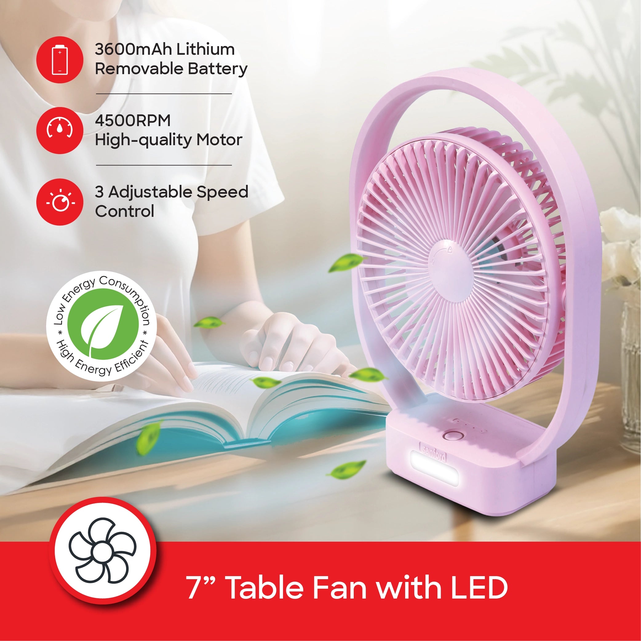 Sanford Table Fan 7-Inch Rechargeable 3600mAh with LED Light and Tilt Head - SF6662MFN Sanford KSA