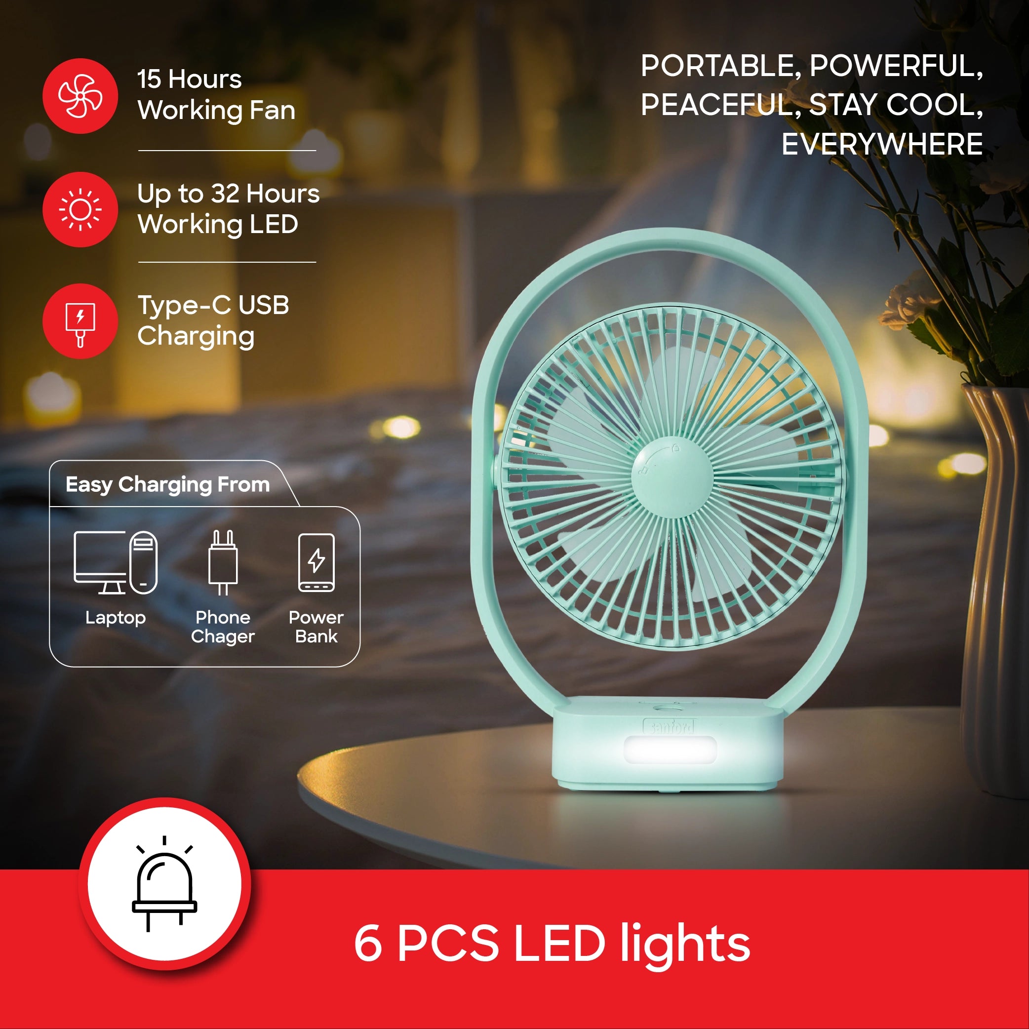 Sanford Table Fan 7-Inch Rechargeable 3600mAh with LED Light and Tilt Head - SF6662MFN Sanford KSA