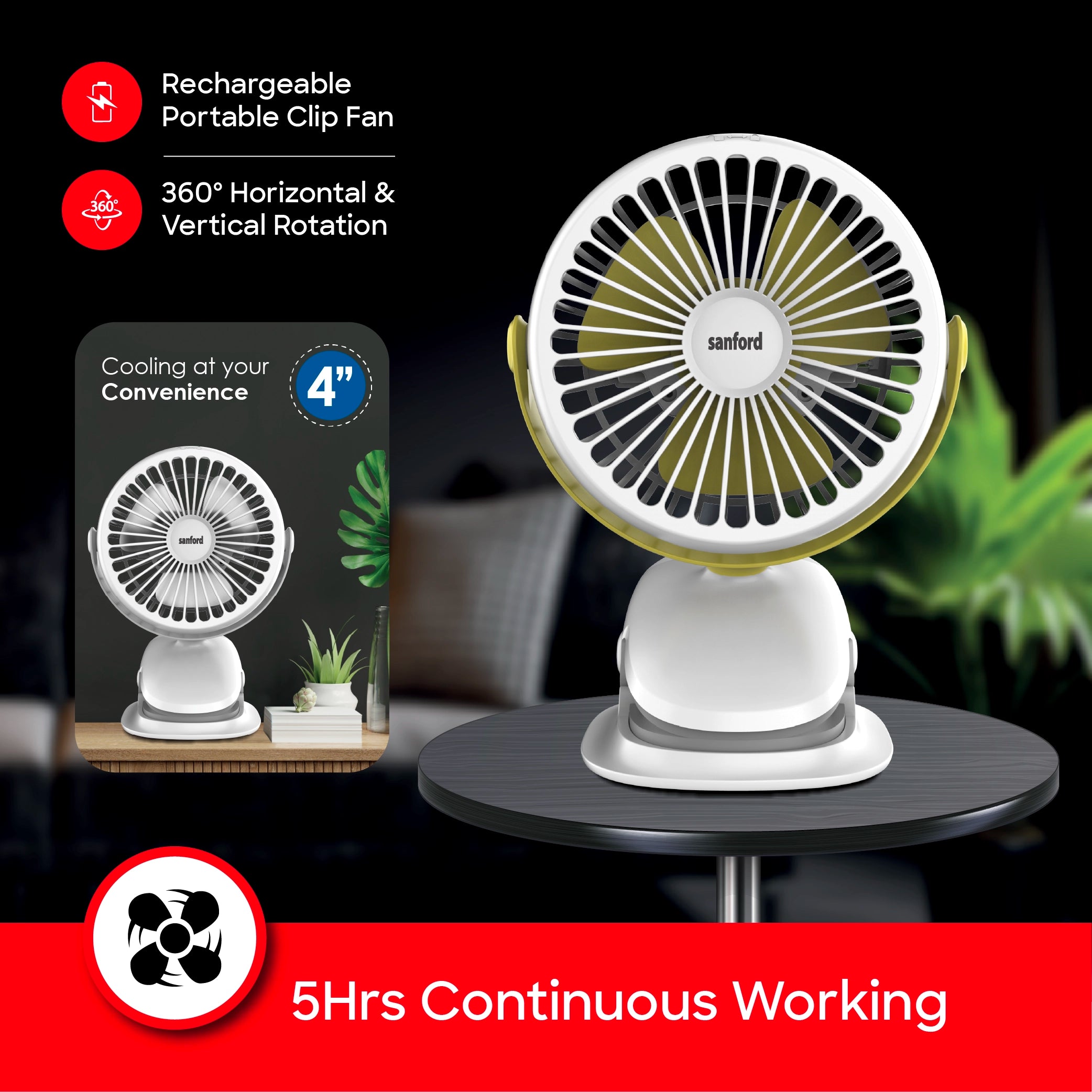 Sanford Clip Fan 4-Inch Rechargeable 2000mAh with 360° Rotation and Portable Use - SF6664PCF Sanford KSA