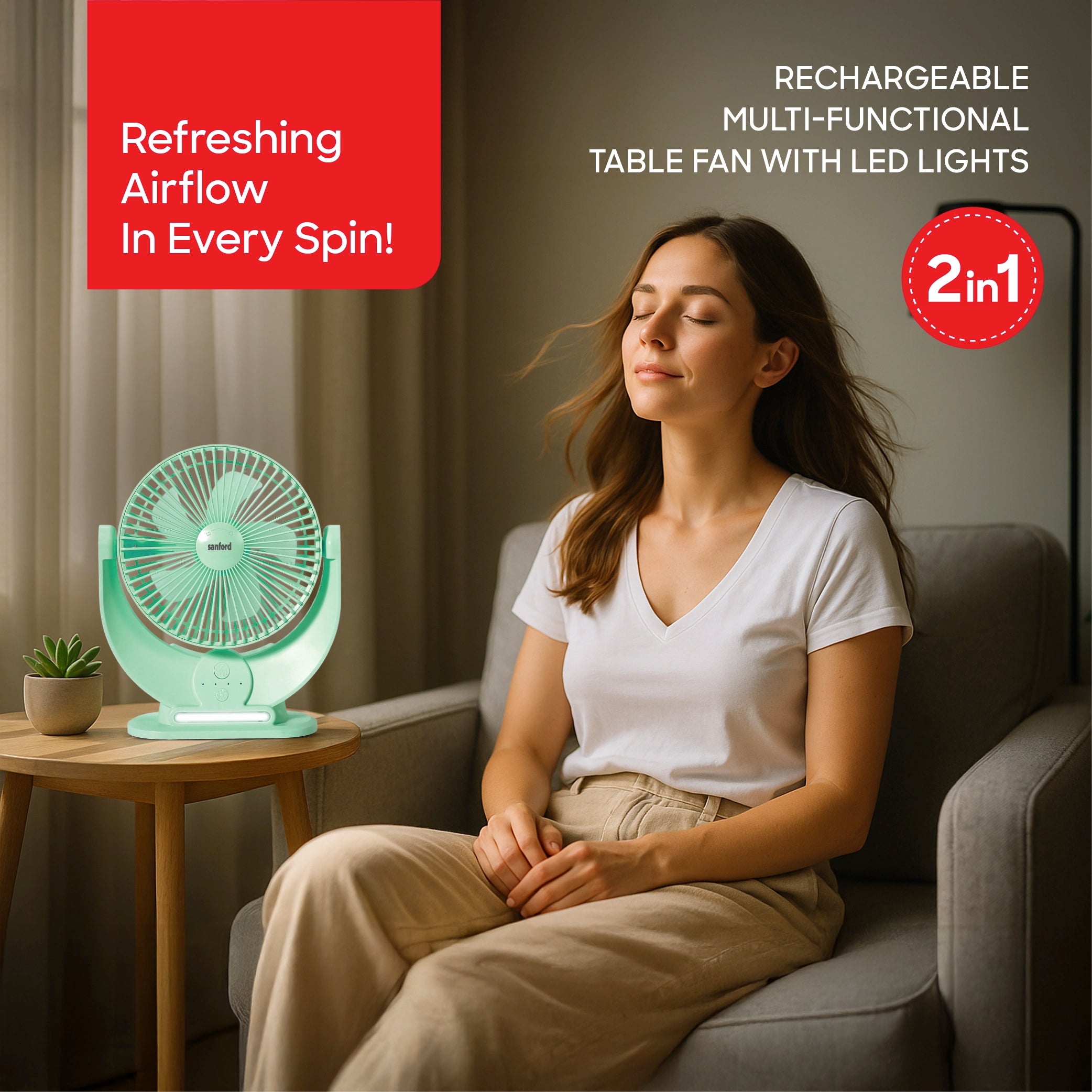 Sanford Table Fan 7-Inch Rechargeable 3600mAh with LED Light and Multi-Function Design - SF6669MFN Sanford KSA