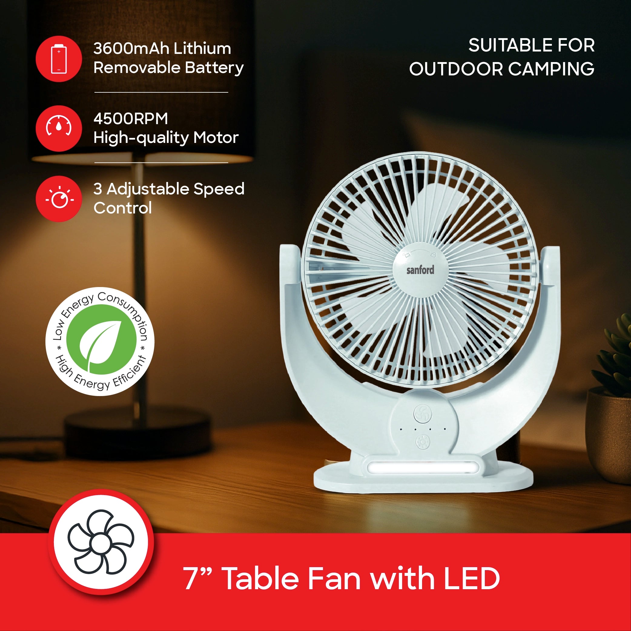 Sanford Table Fan 7-Inch Rechargeable 3600mAh with LED Light and Multi-Function Design - SF6669MFN Sanford KSA