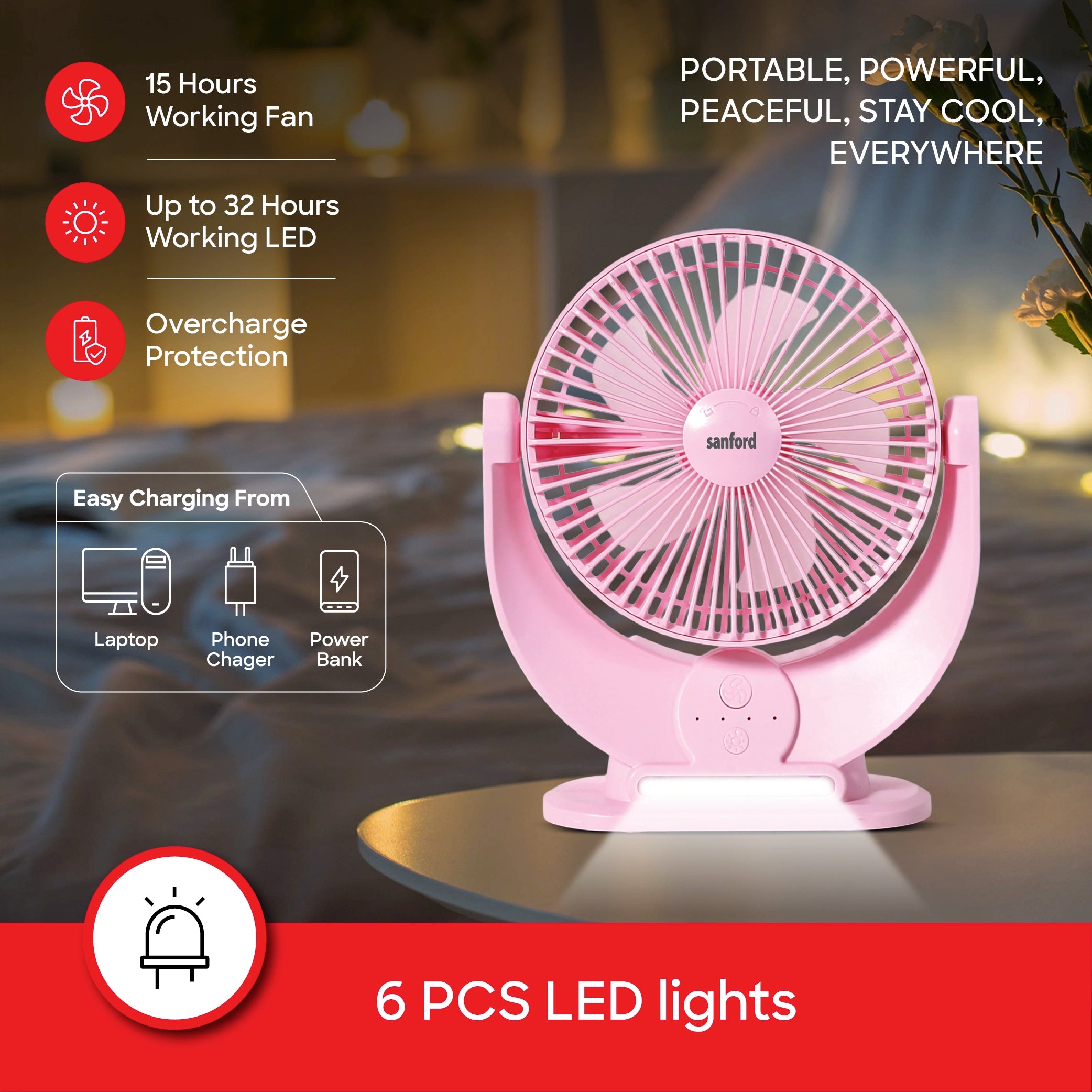 Sanford Table Fan 7-Inch Rechargeable 3600mAh with LED Light and Multi-Function Design - SF6669MFN Sanford KSA