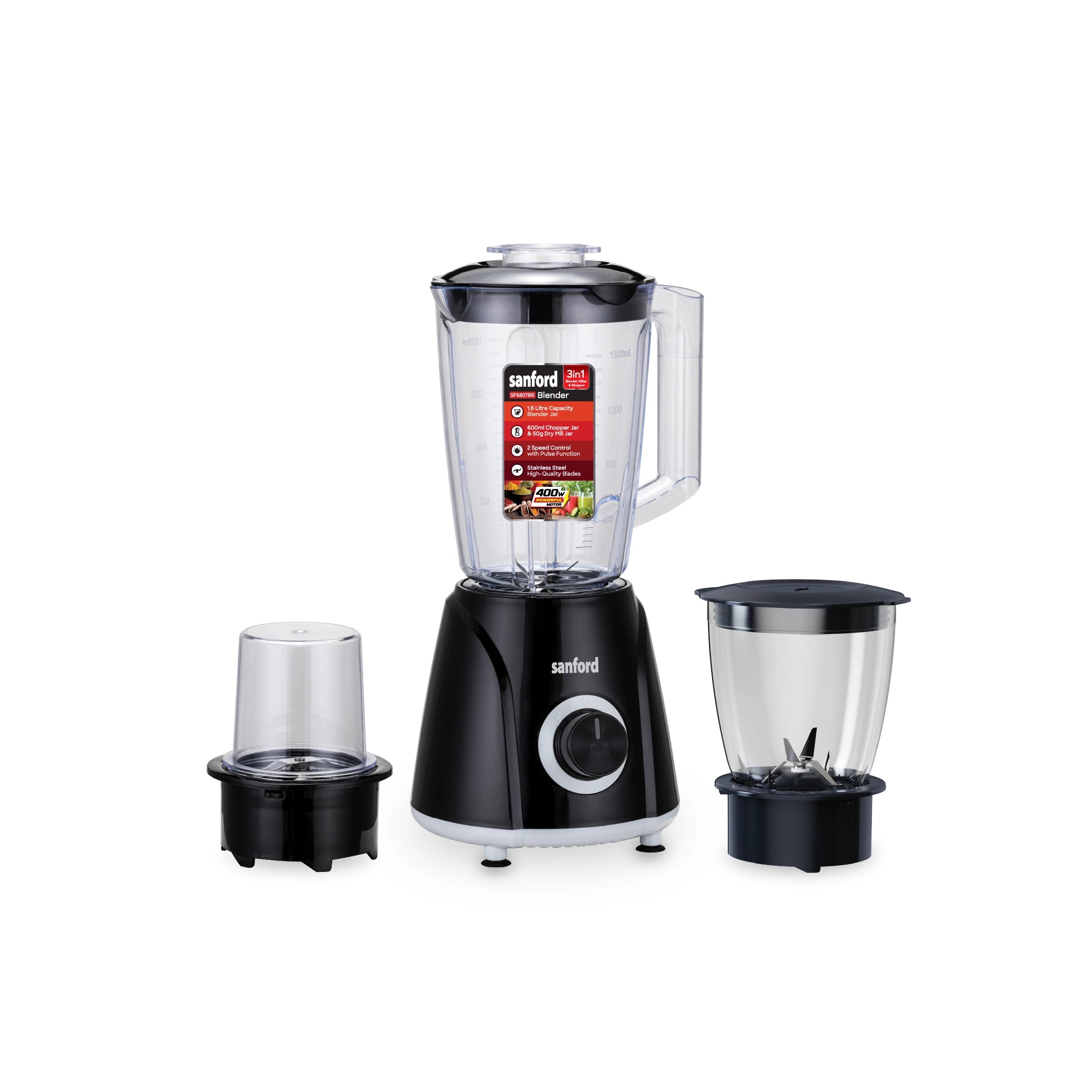 Sanford 3-in-1 Blender 1.6L 400W with Mill & Chopper, Stainless Steel Blades - SF6807BR Sanford KSA