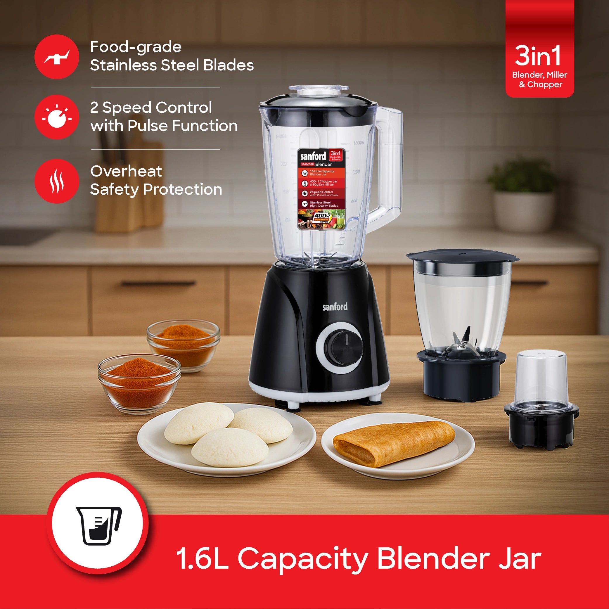 Sanford 3-in-1 Blender 1.6L 400W with Mill & Chopper, Stainless Steel Blades - SF6807BR Sanford KSA
