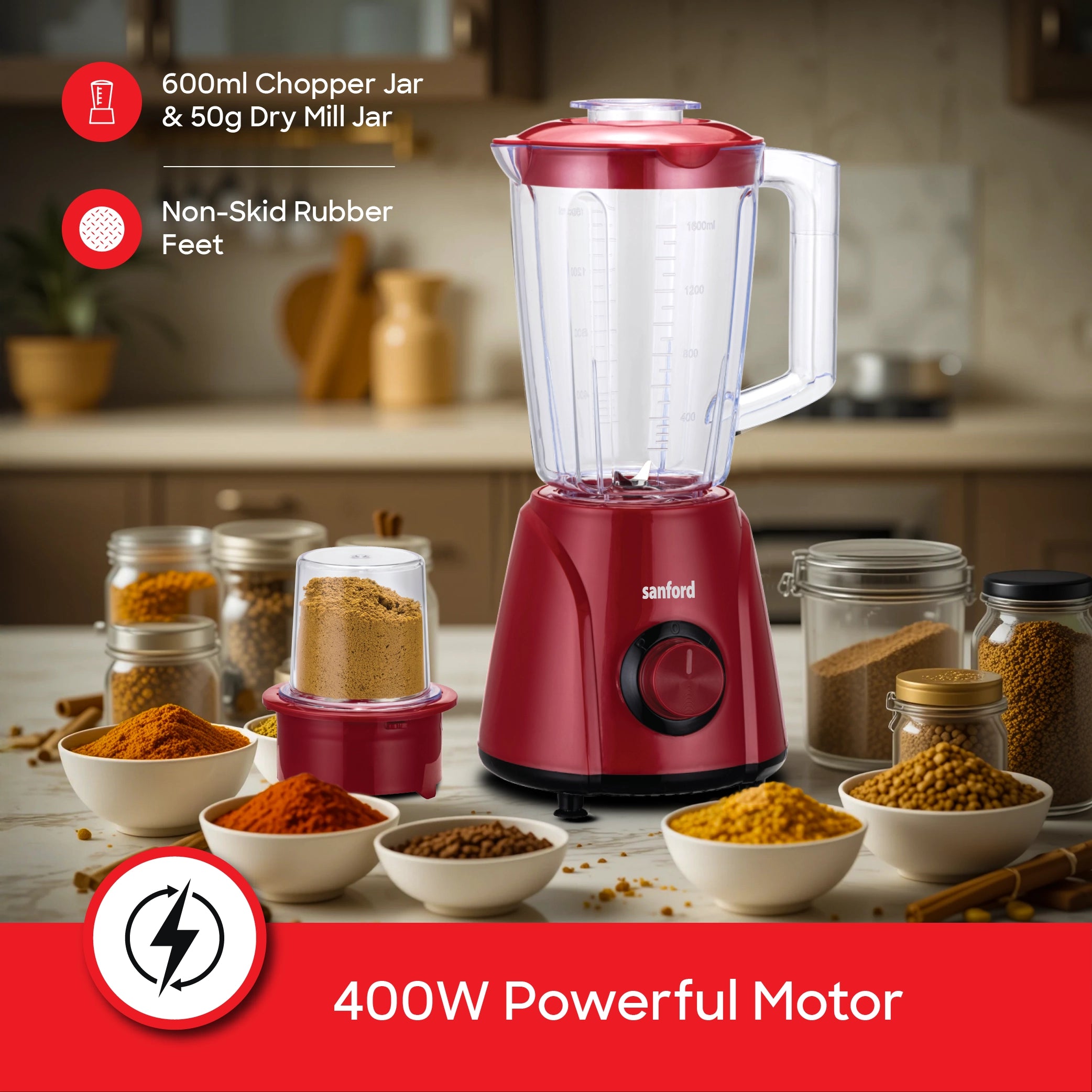 Sanford 3-in-1 Blender 1.6L 400W with Mill & Chopper, Stainless Steel Blades - SF6807BR Sanford KSA