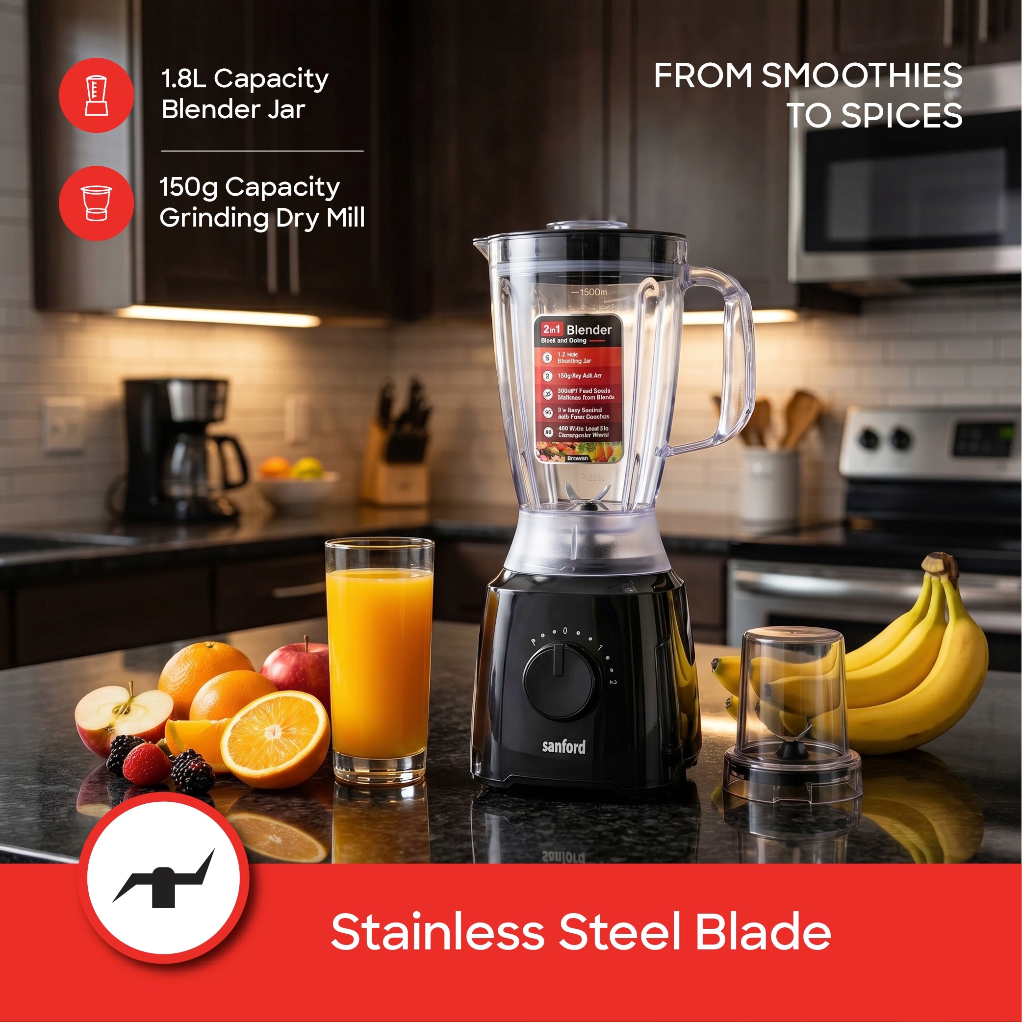 Sanford SF6808BR blender 1.8L jar and stainless steel blades