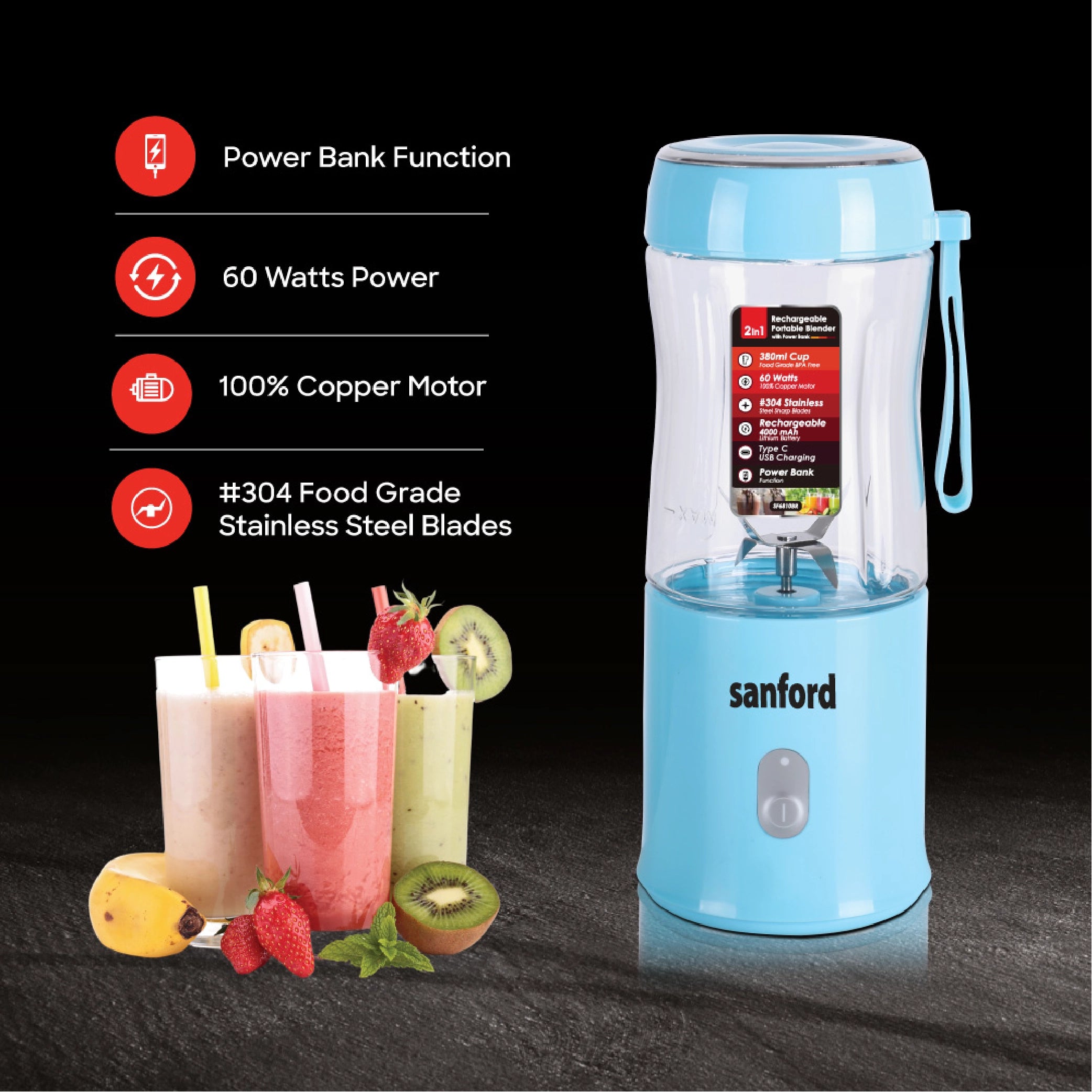 Sanford Rechargeable Portable Blender 380ml 60W with Stainless Steel Blades - SF6810BR Sanford KSA