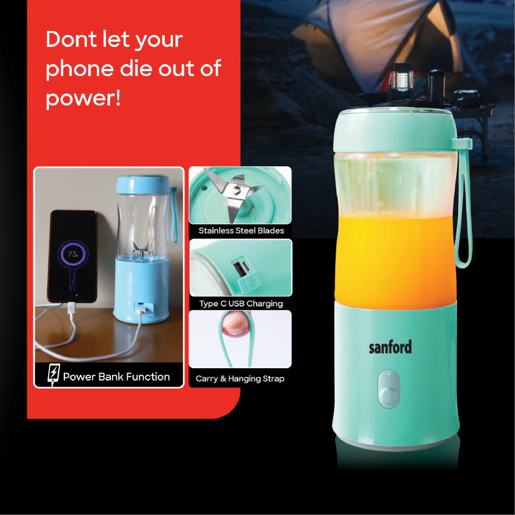 Sanford Rechargeable Portable Blender 380ml 60W with Stainless Steel Blades - SF6810BR Sanford KSA