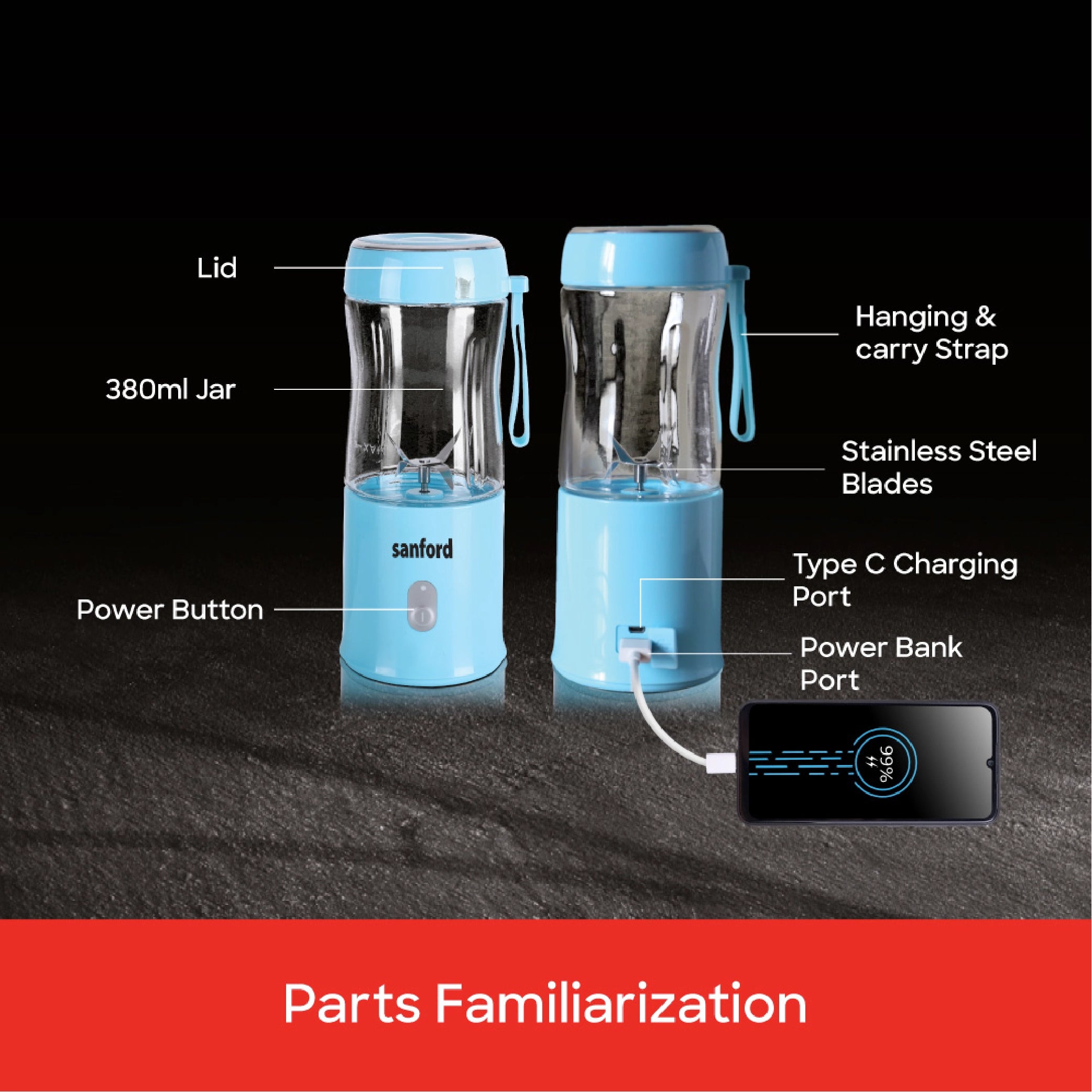 Sanford Rechargeable Portable Blender 380ml 60W with Stainless Steel Blades - SF6810BR Sanford KSA