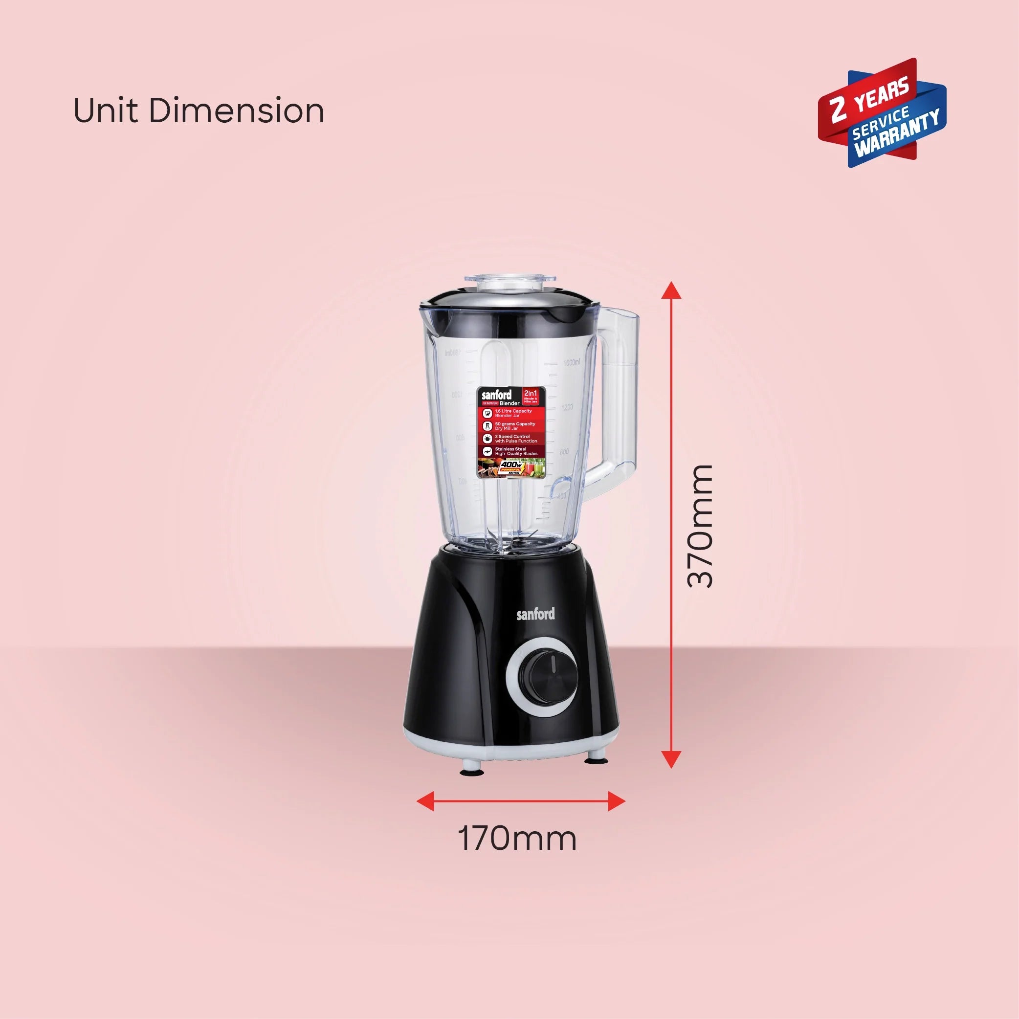 2 in 1 blender grinder 400W stainless steel blades 1.6L jar sanford 6