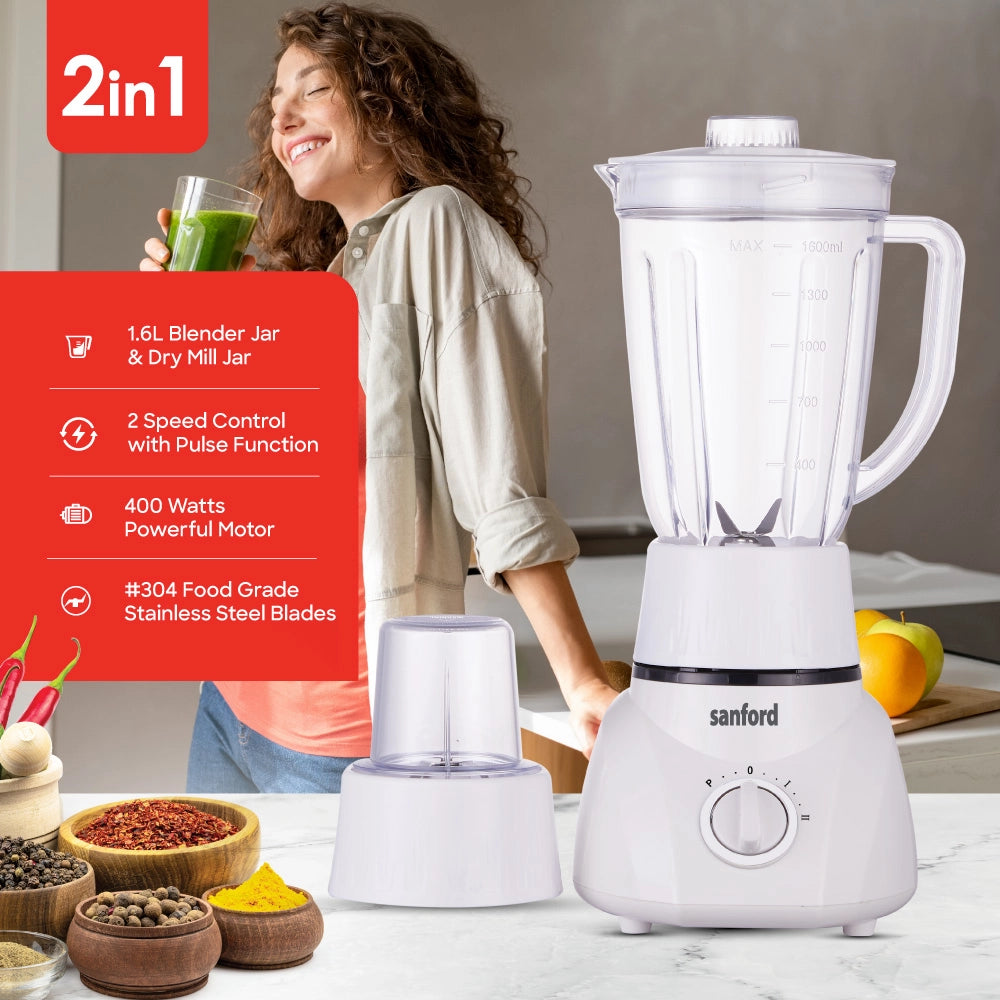 Sanford 2-in-1 Blender & Grinder 1.6L 400W with Mill Jar, Stainless Steel Blades - SF6818BR Sanford KSA