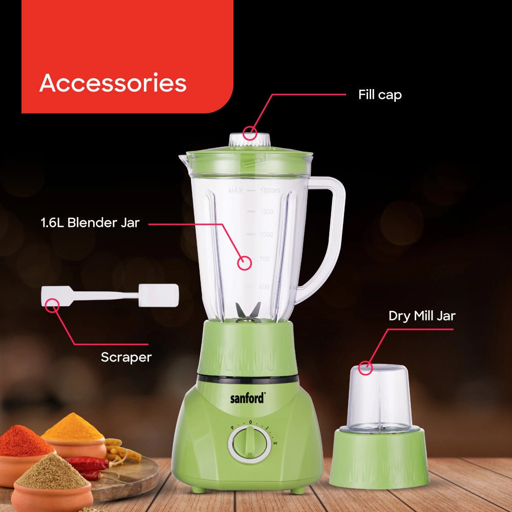 Sanford 2-in-1 Blender & Grinder 1.6L 400W with Mill Jar, Stainless Steel Blades - SF6818BR Sanford KSA