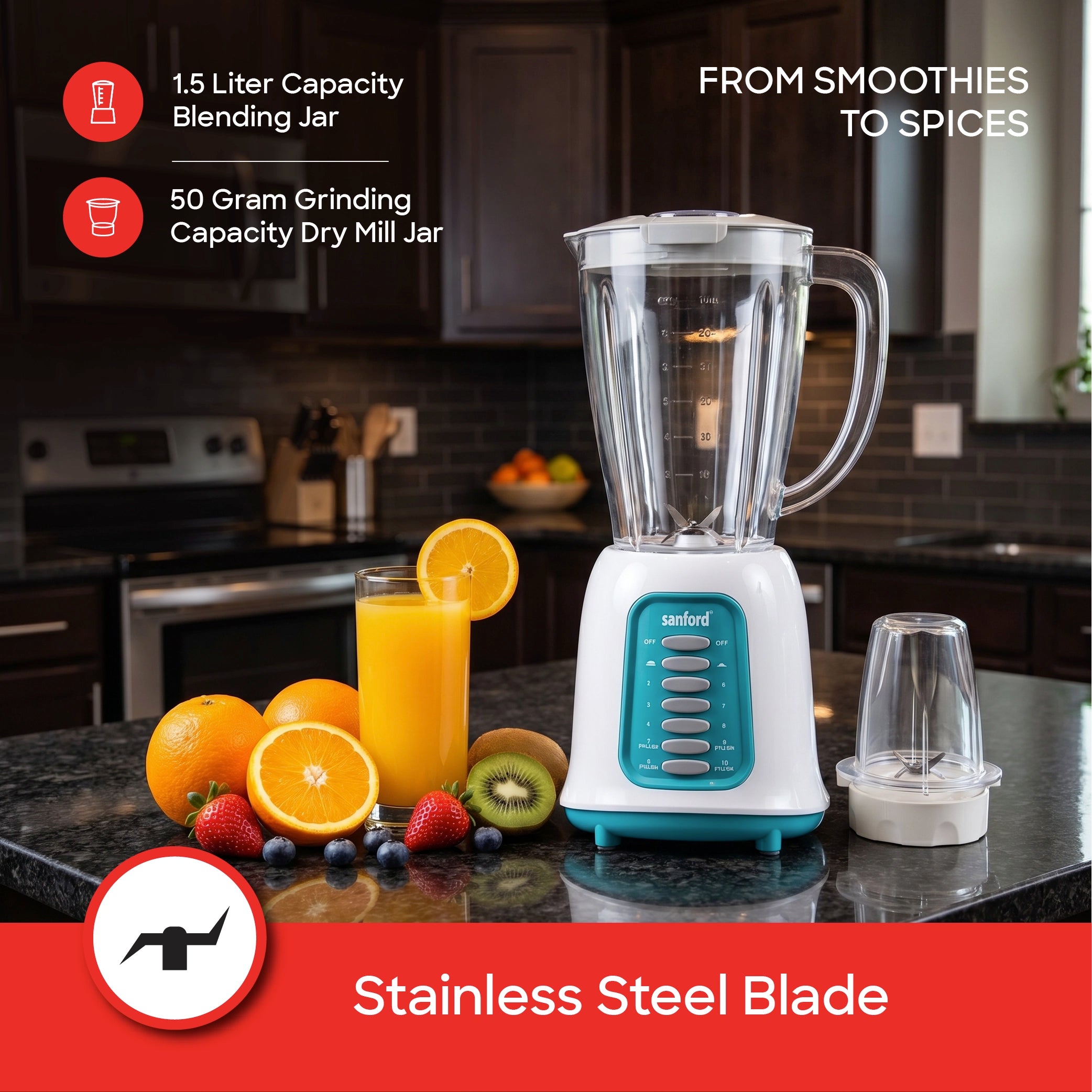 Sanford 2-in-1 Juicer Blender 1.5L 400W with Dry Mill, Stainless Steel Blade - SF6820BR Sanford KSA