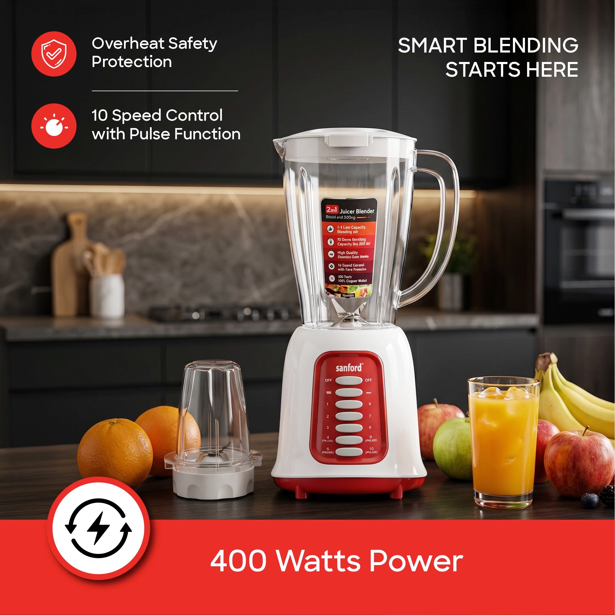 Sanford 2-in-1 Juicer Blender 1.5L 400W with Dry Mill, Stainless Steel Blade - SF6820BR Sanford KSA