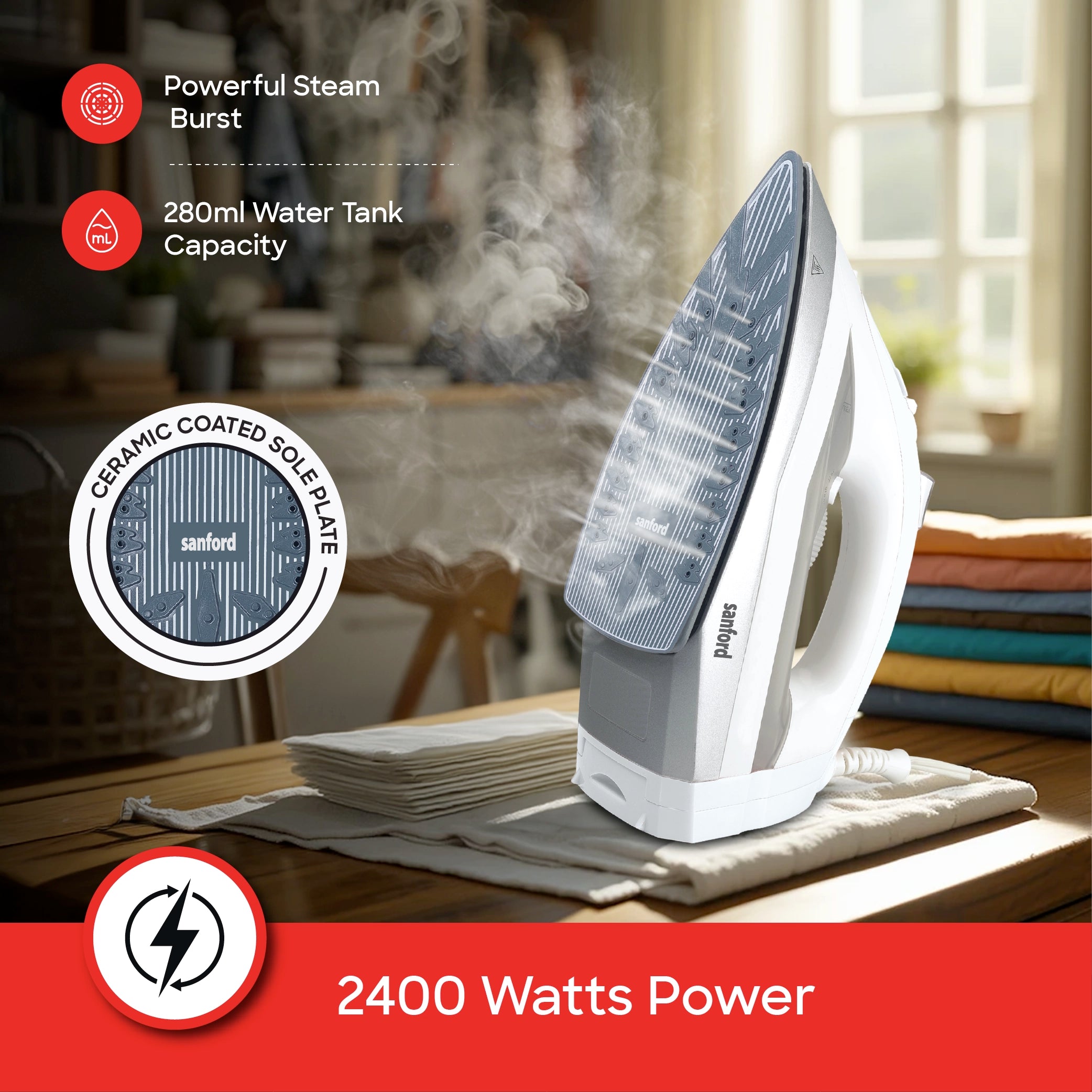 Sanford Steam Iron 2400W Corded & Cordless with Ceramic Soleplate and 280ml Water Tank - SF68SI Sanford KSA