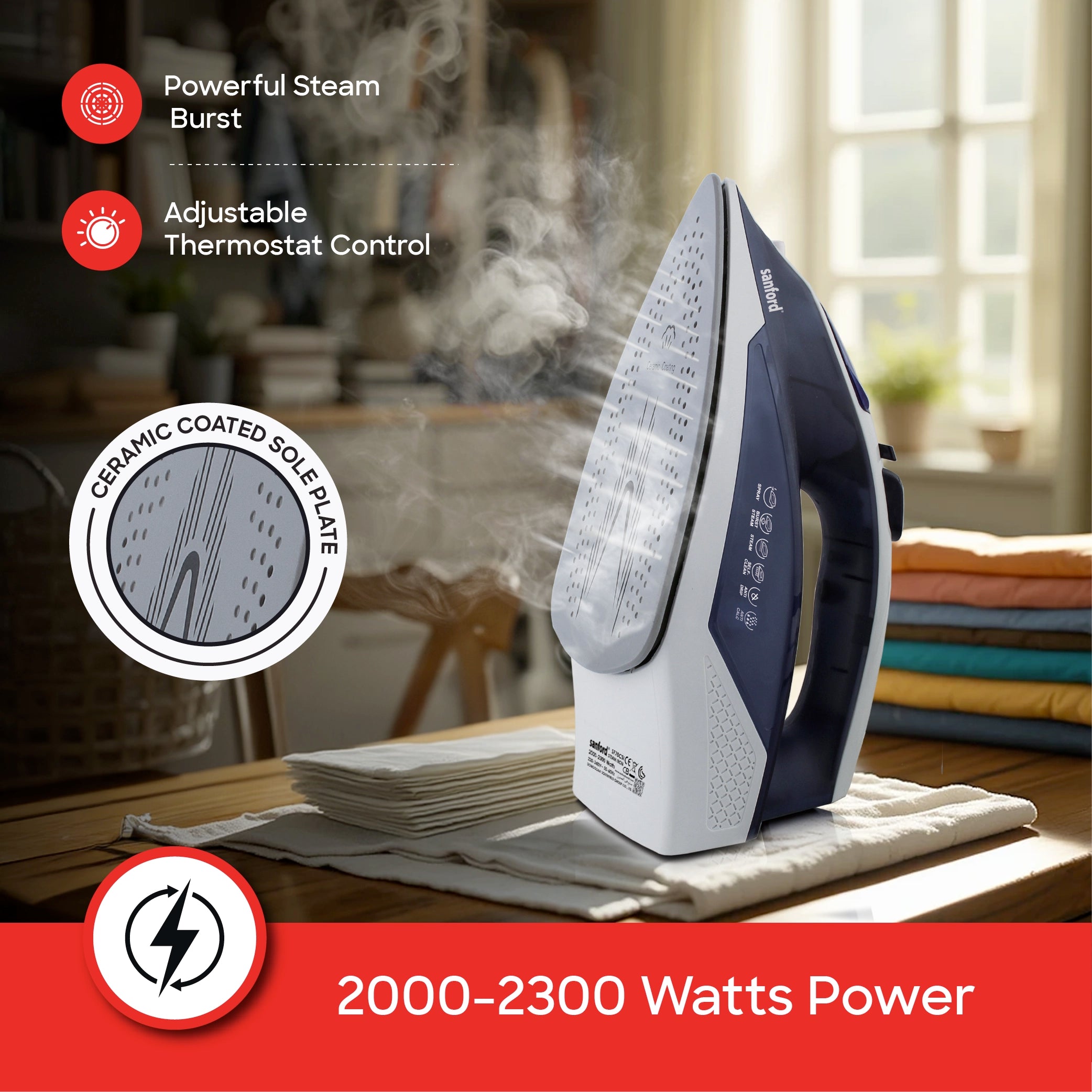Sanford Steam Iron 2300W with Ceramic Soleplate, Spray & Burst Steam, 230ml Water Tank - SF70CSI BS Sanford KSA
