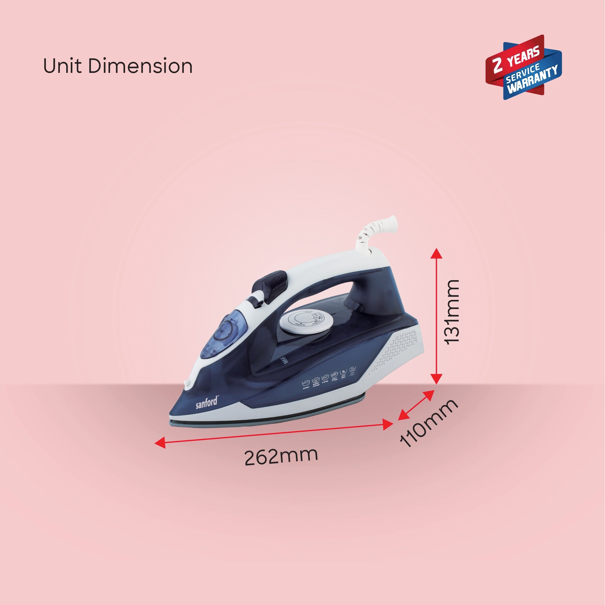 Sanford Steam Iron 2300W with Ceramic Soleplate, Spray & Burst Steam, 230ml Water Tank - SF70CSI BS Sanford KSA