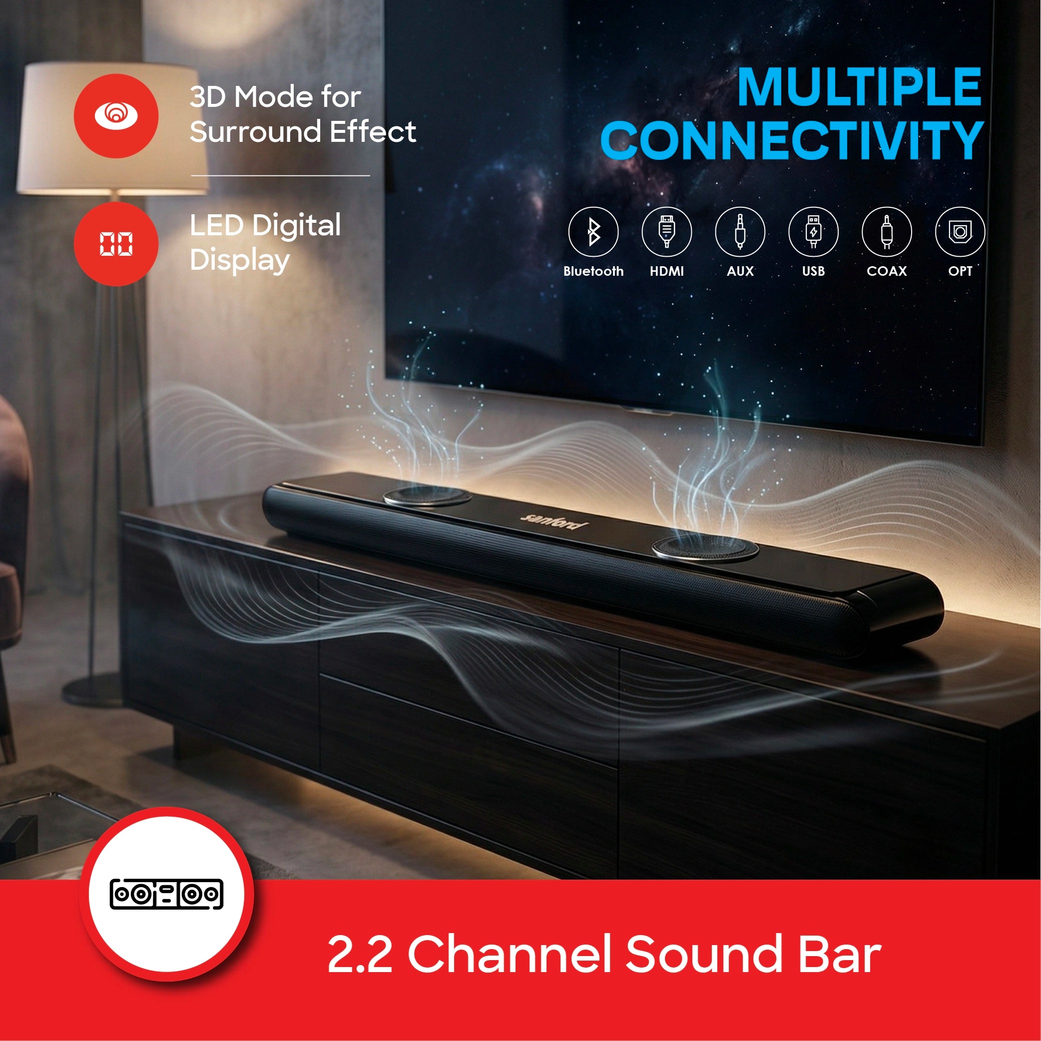Sanford Bluetooth Soundbar 2.2 Channel 130W with LED Display - SF750SB Sanford KSA