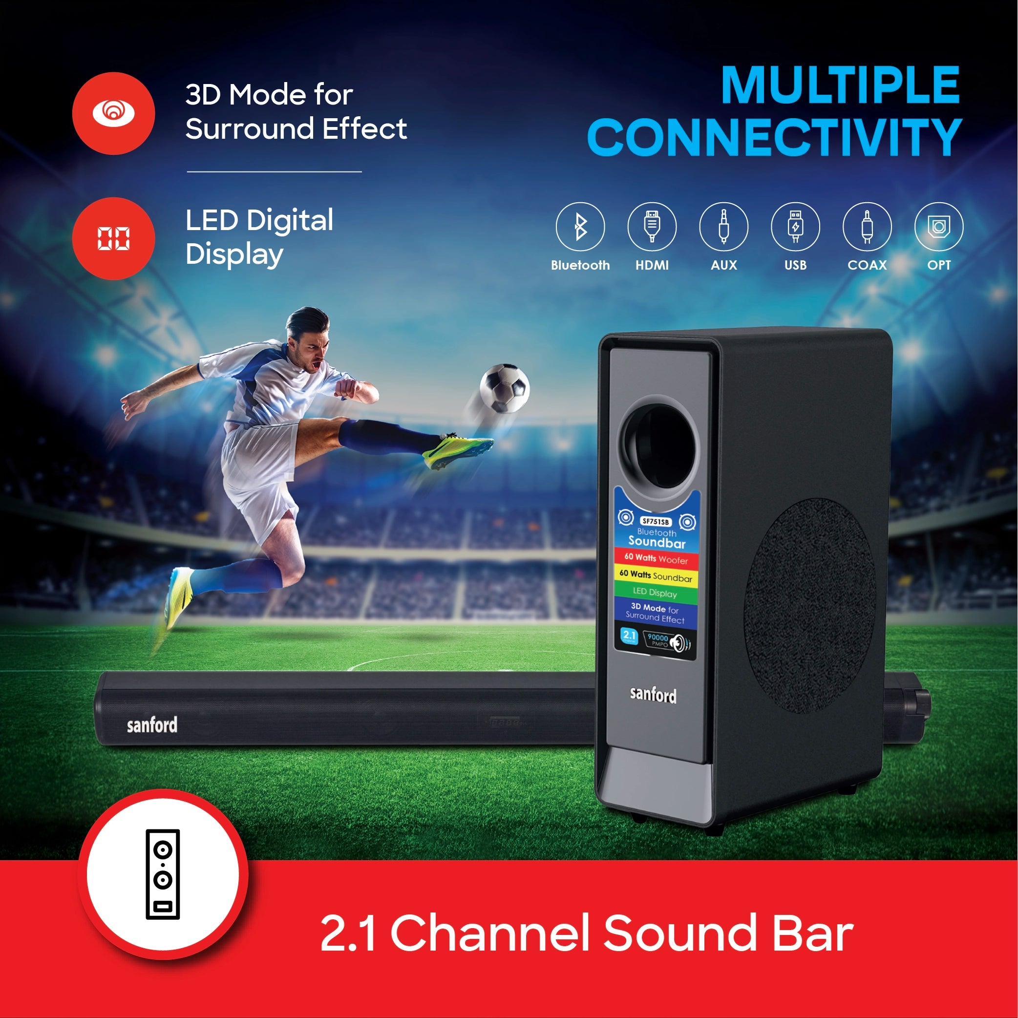 Sanford Bluetooth Soundbar 2.1 Channel 120W with Subwoofer - SF751SB Sanford KSA