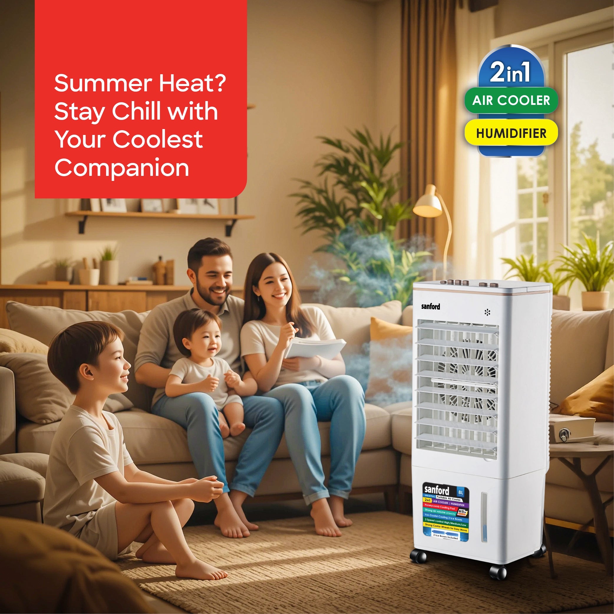 Sanford Air Cooler 2in1 8L Portable 65W with Honeycomb Cooling Pad - SF8107PAC Sanford KSA