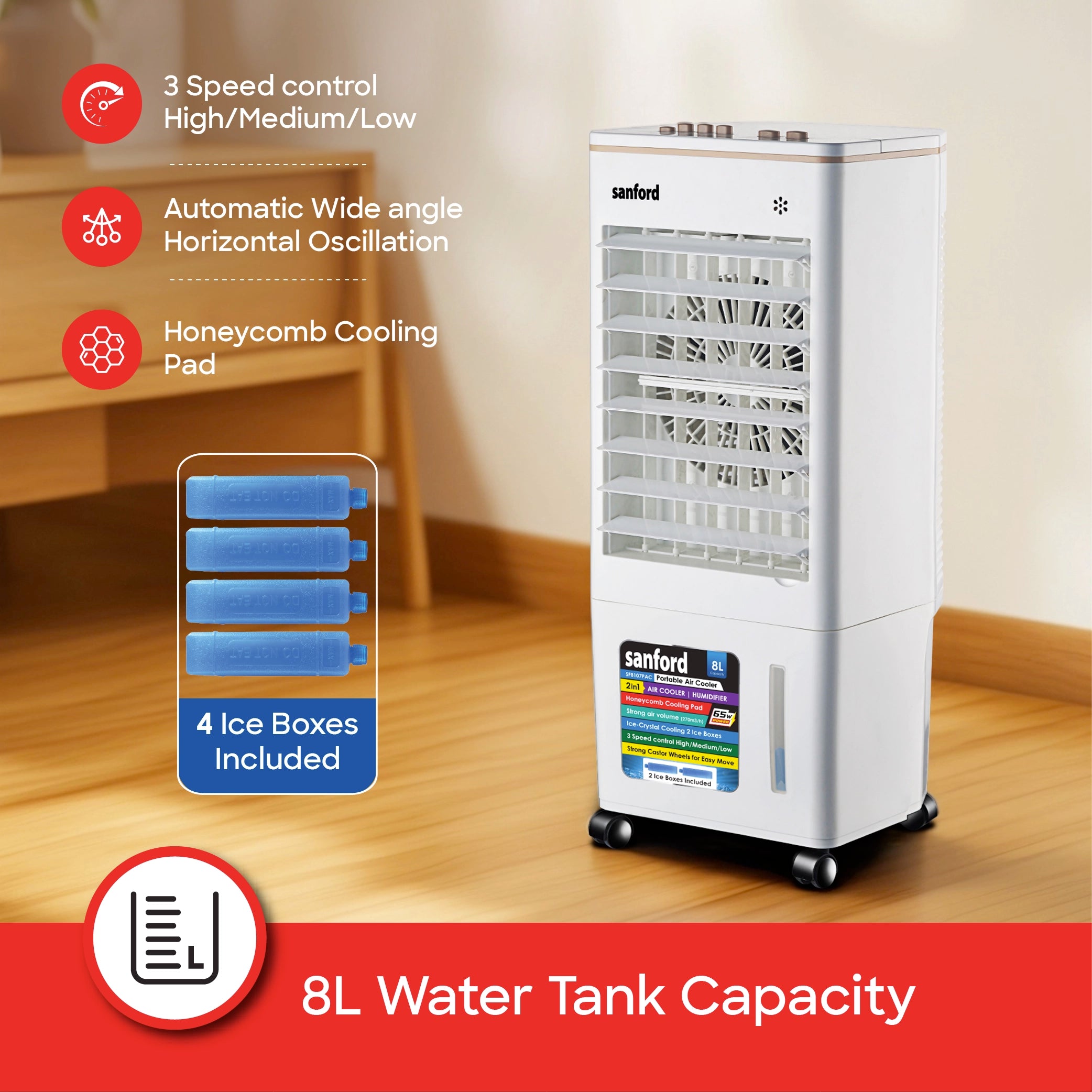 Sanford Air Cooler 2in1 8L Portable 65W with Honeycomb Cooling Pad - SF8107PAC Sanford KSA