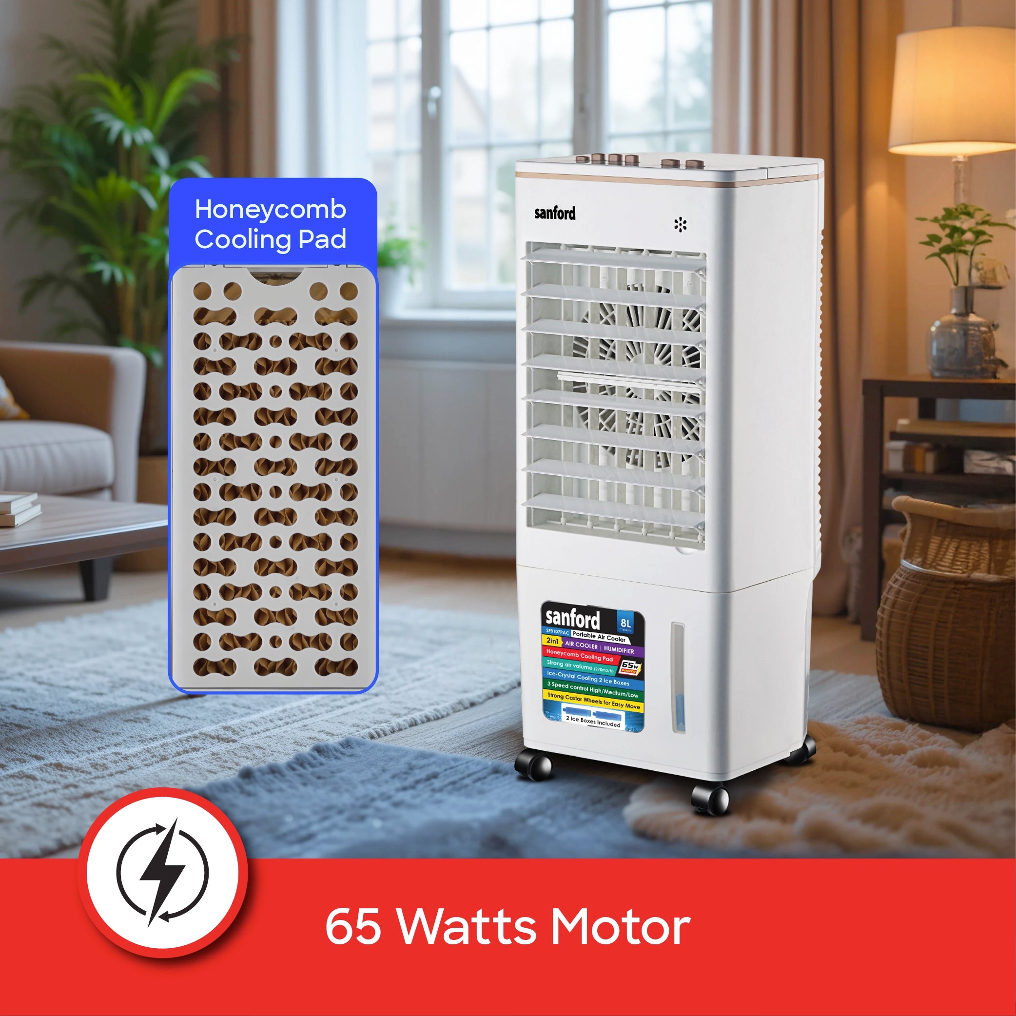 Sanford Air Cooler 2in1 8L Portable 65W with Honeycomb Cooling Pad - SF8107PAC Sanford KSA
