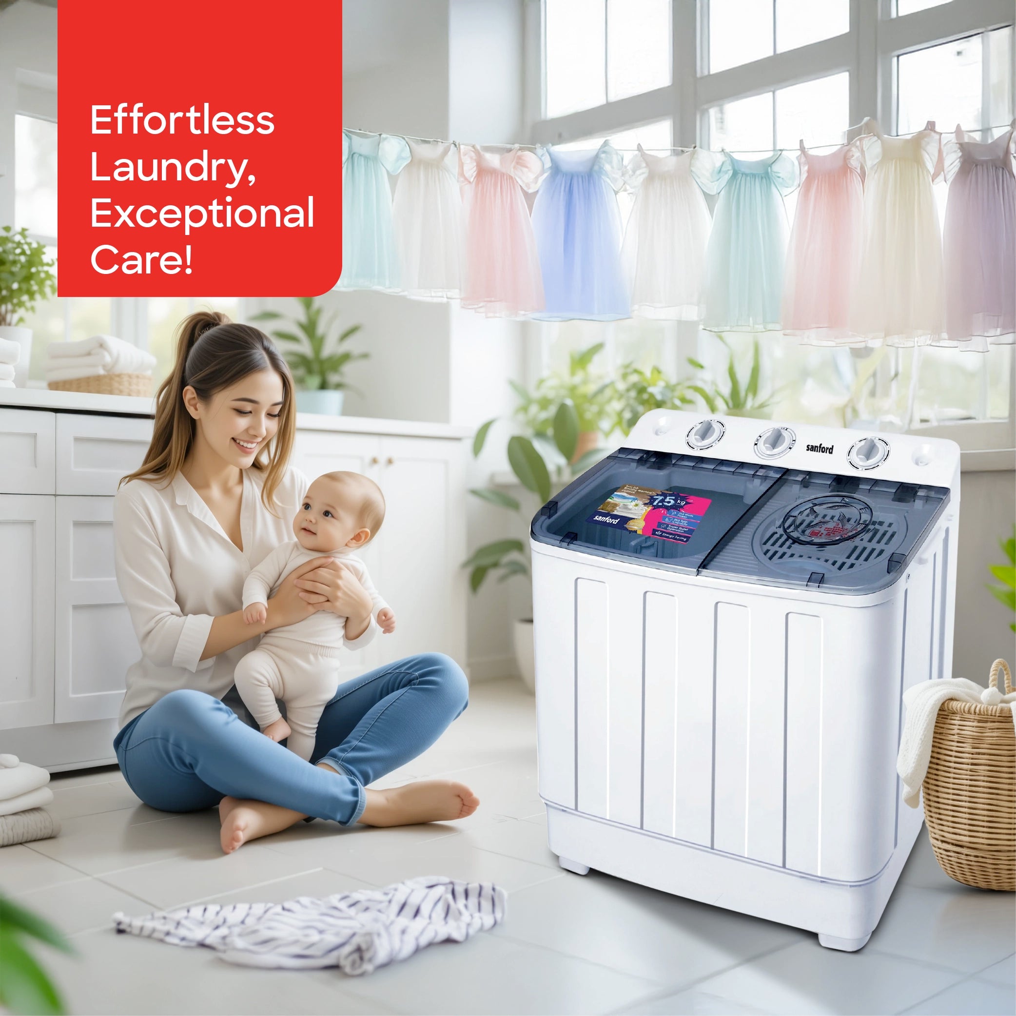 Sanford Twin Tub Washing Machine 8kg Wash 5kg Spin 540W with Low Noise Operation - SF8303WM