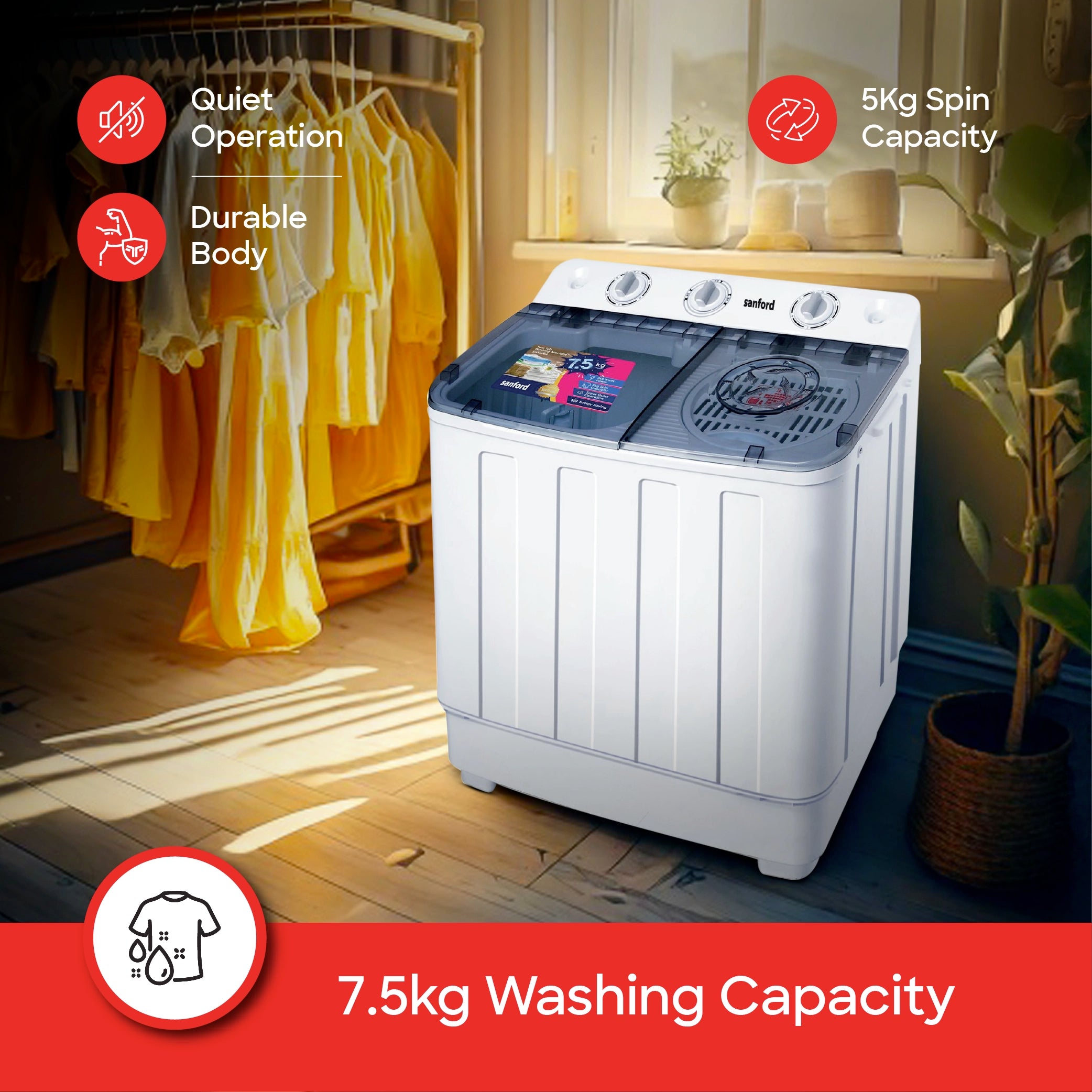 Sanford Twin Tub Washing Machine 8kg Wash 5kg Spin 540W with Low Noise Operation - SF8303WM Sanford KSA