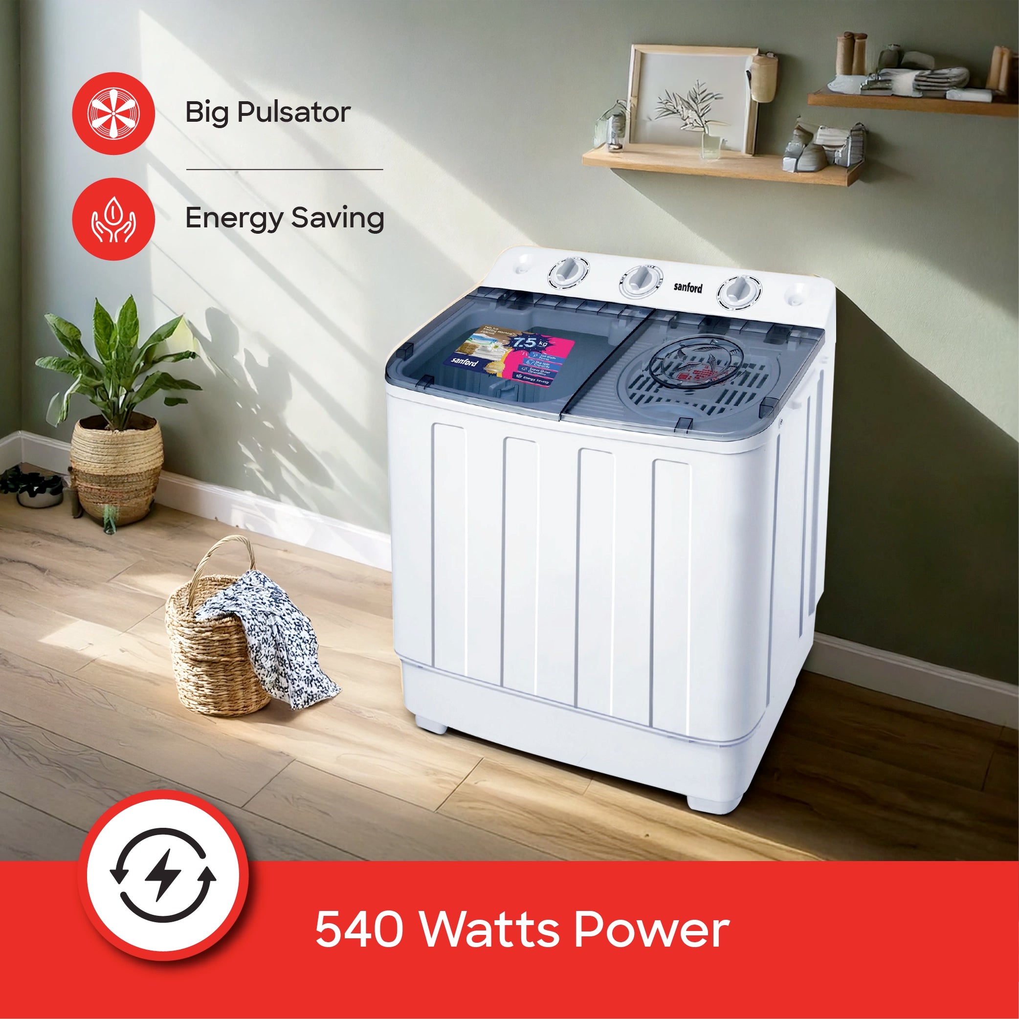 Sanford Twin Tub Washing Machine 8kg Wash 5kg Spin 540W with Low Noise Operation - SF8303WM Sanford KSA